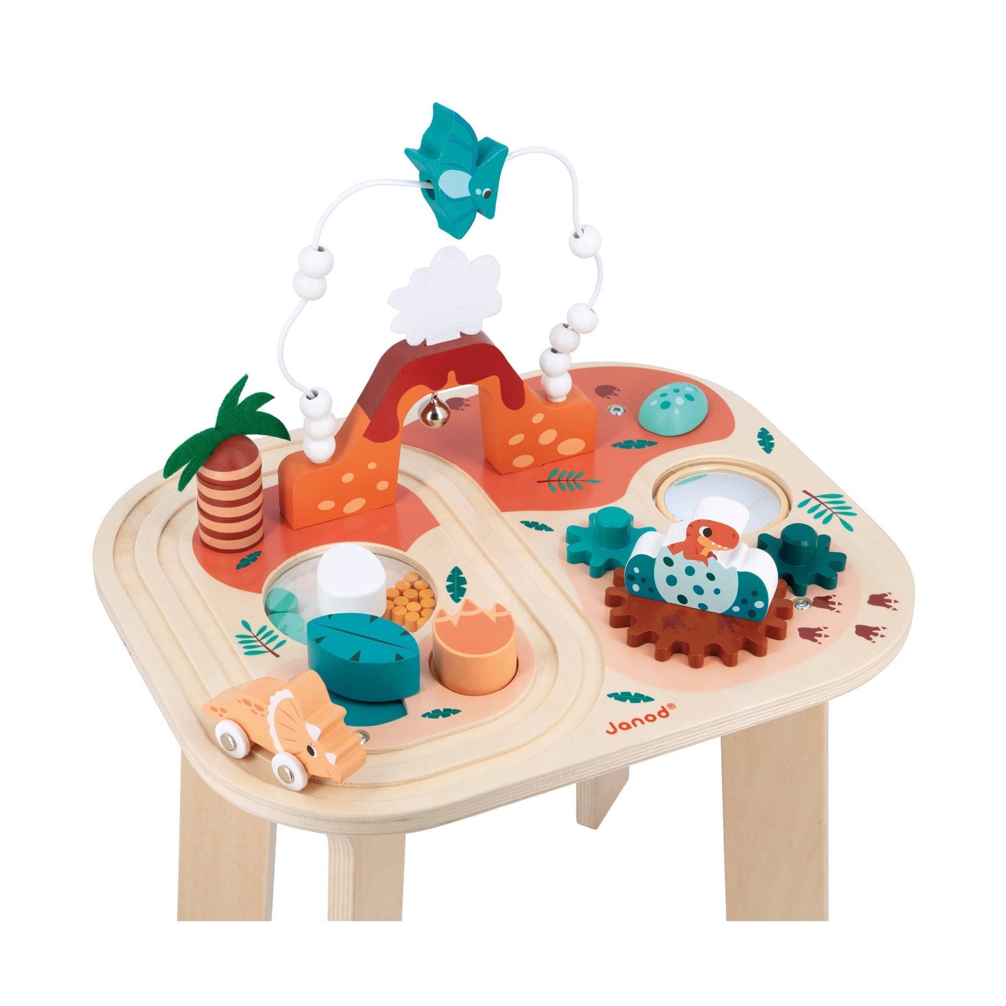 Children's wooden activity table with toys and educational elements on a white background