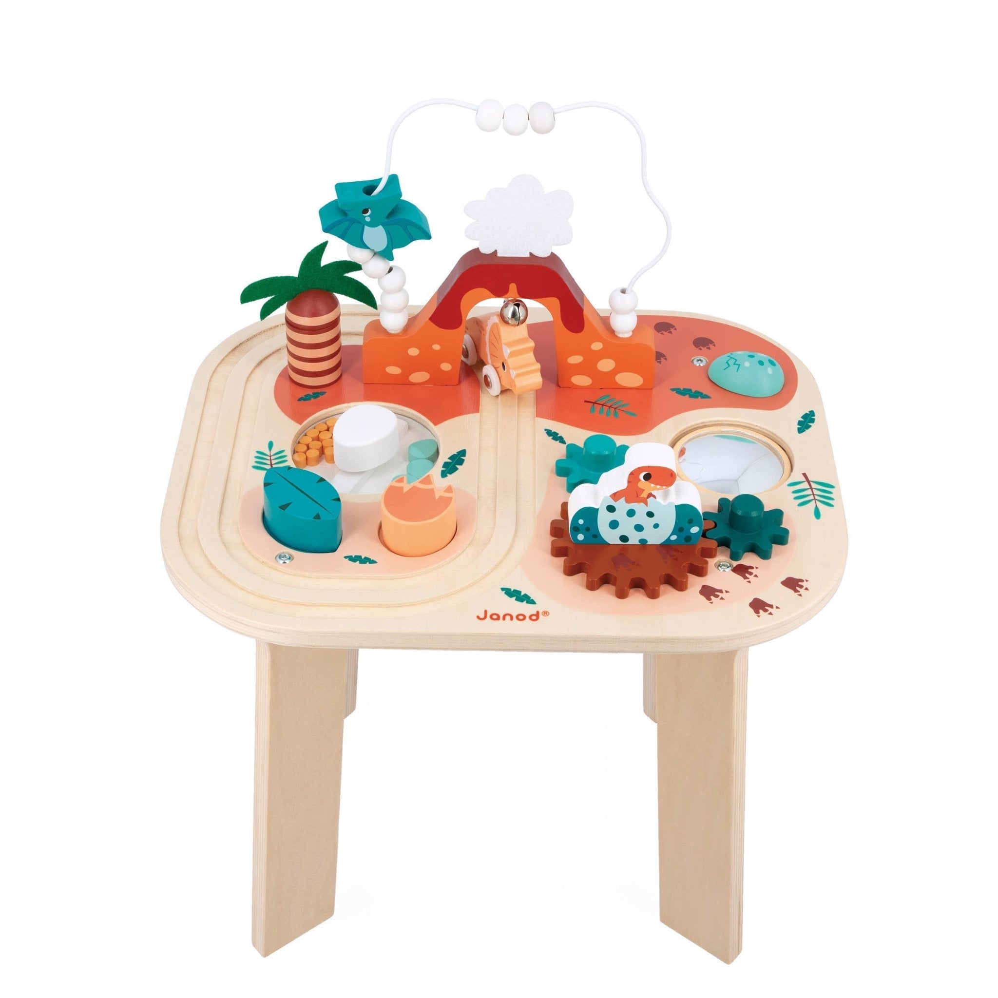 Children's wooden play table with toy animals and accessories on a white background