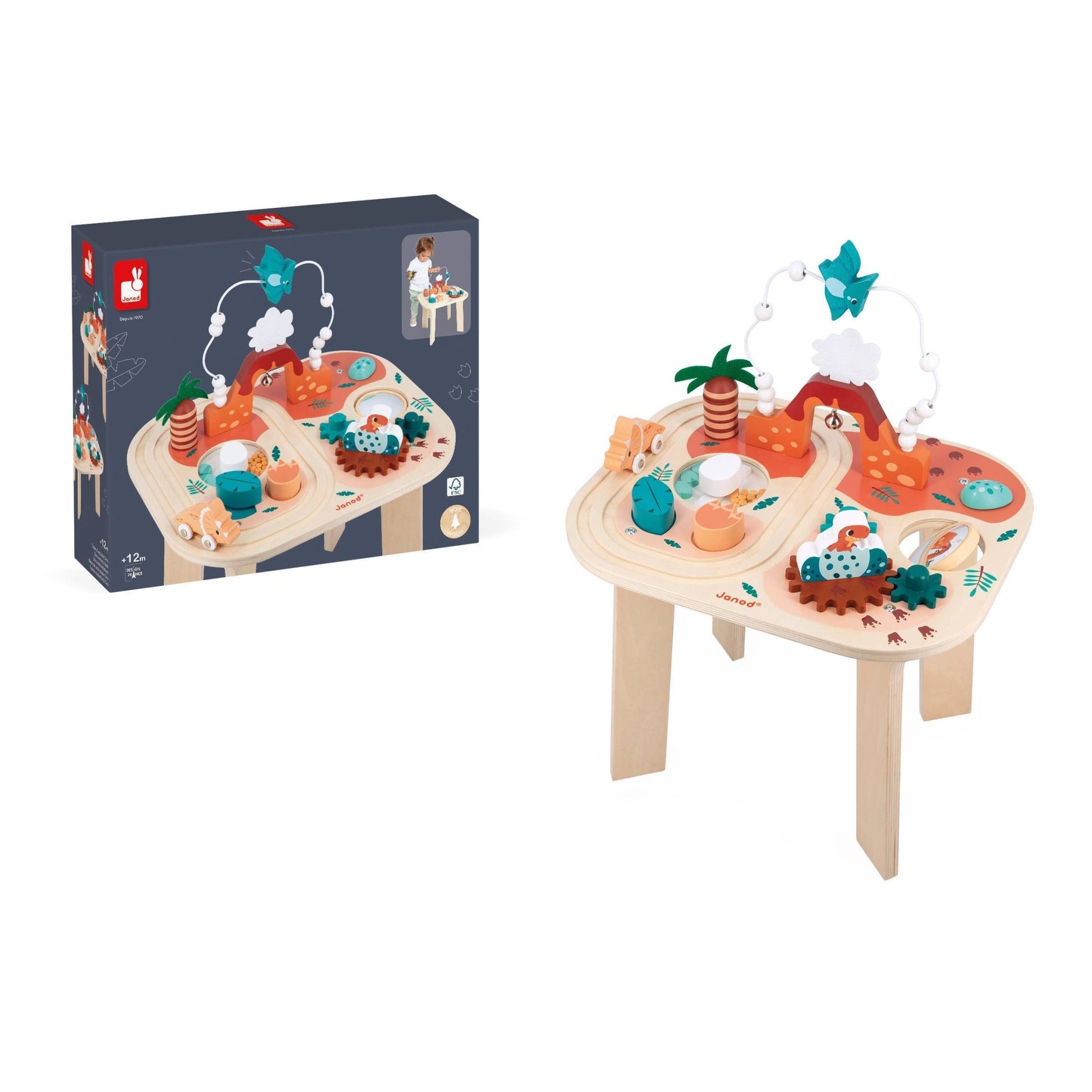 Wooden play table with toys and packaging on a white background