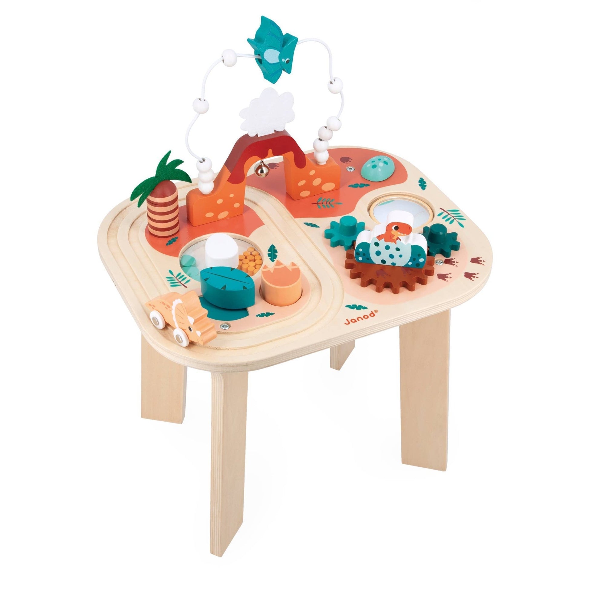 Wooden children's activity table with toys and a baby gym on a white background