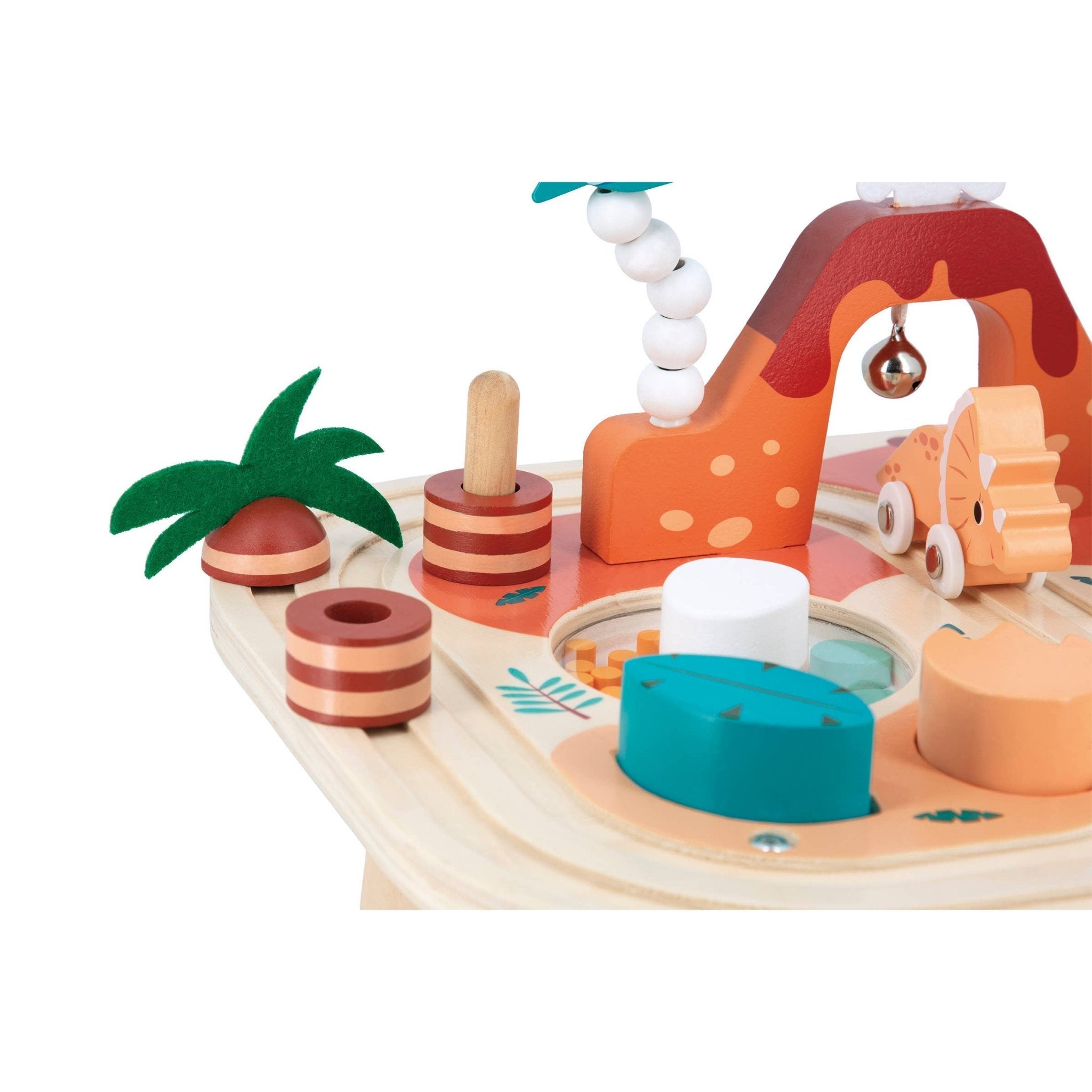 Colorful wooden toy with various shapes and a palm tree on a white background