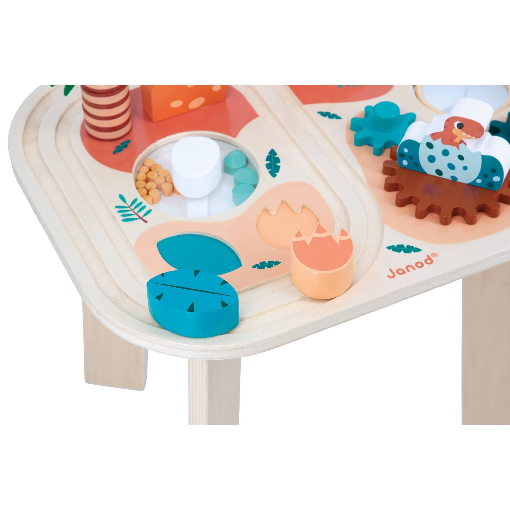 Wooden toy with colorful shapes and animals on a white background
