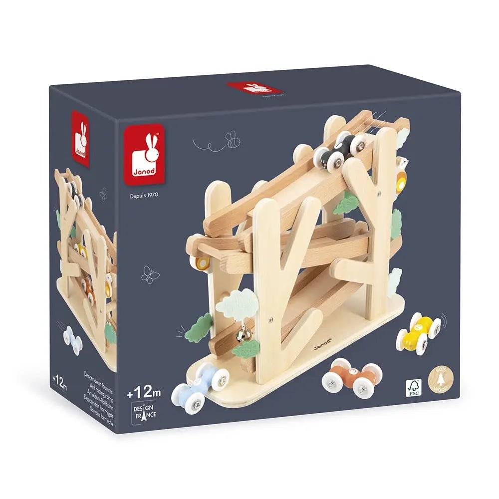 Wooden toy track set in packaging with Janod logo on a white background