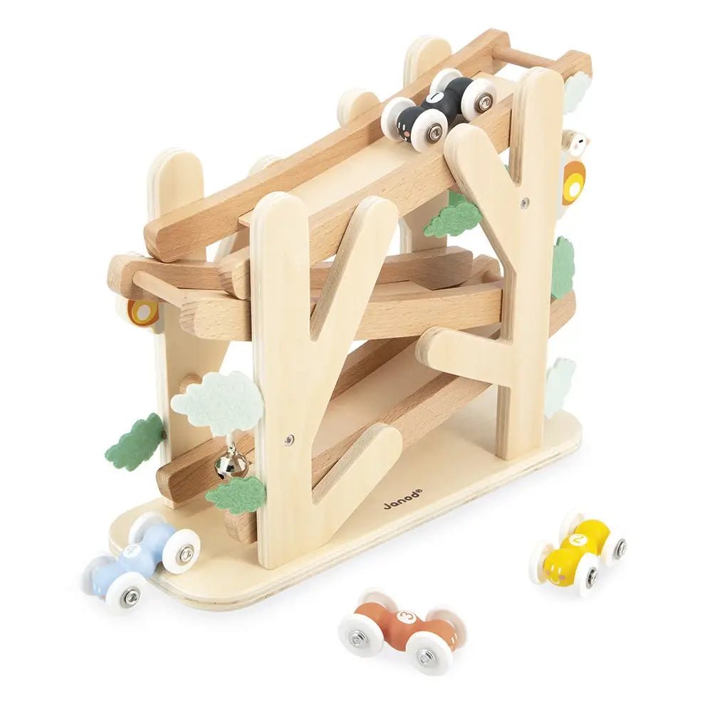 Wooden toy track with multiple cars on a white background