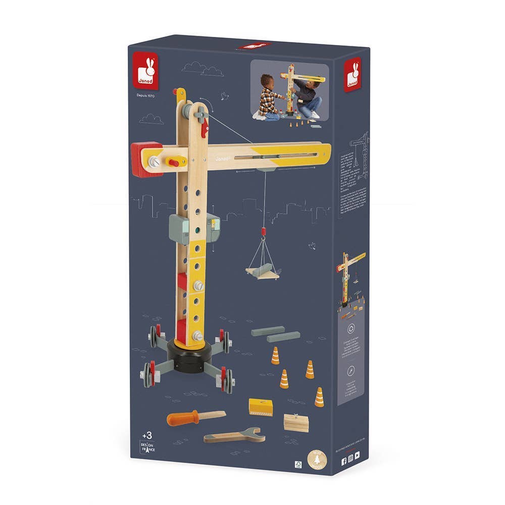 Toy crane set packaging with illustrations on a white background