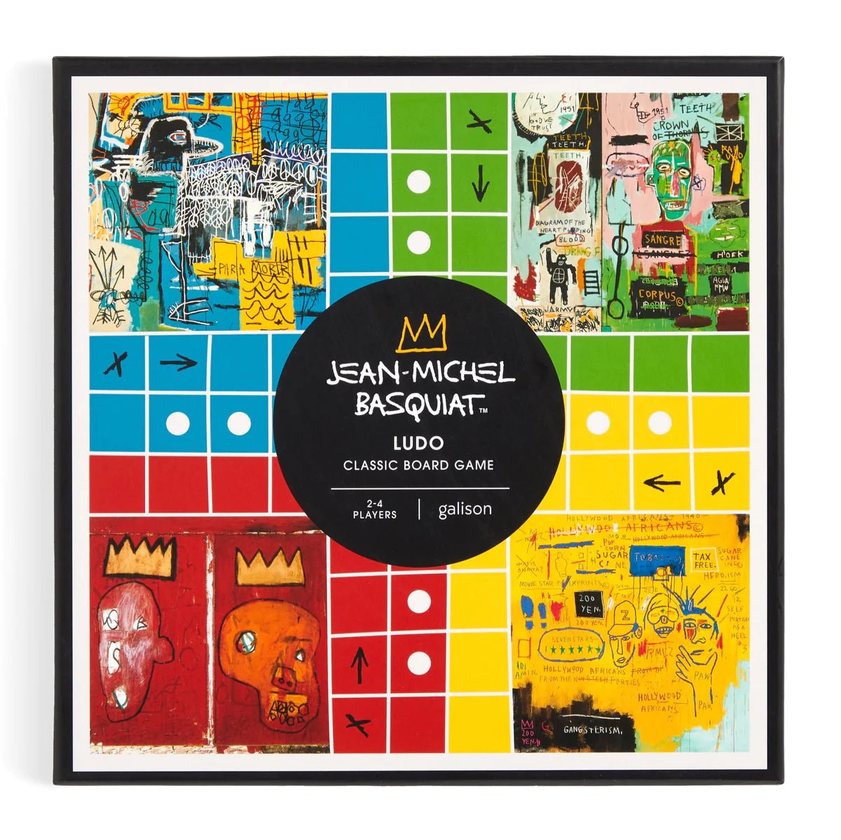 Jean-Michel Basquiat Ludo board game packaging with colorful design and Basquiat's signature.
