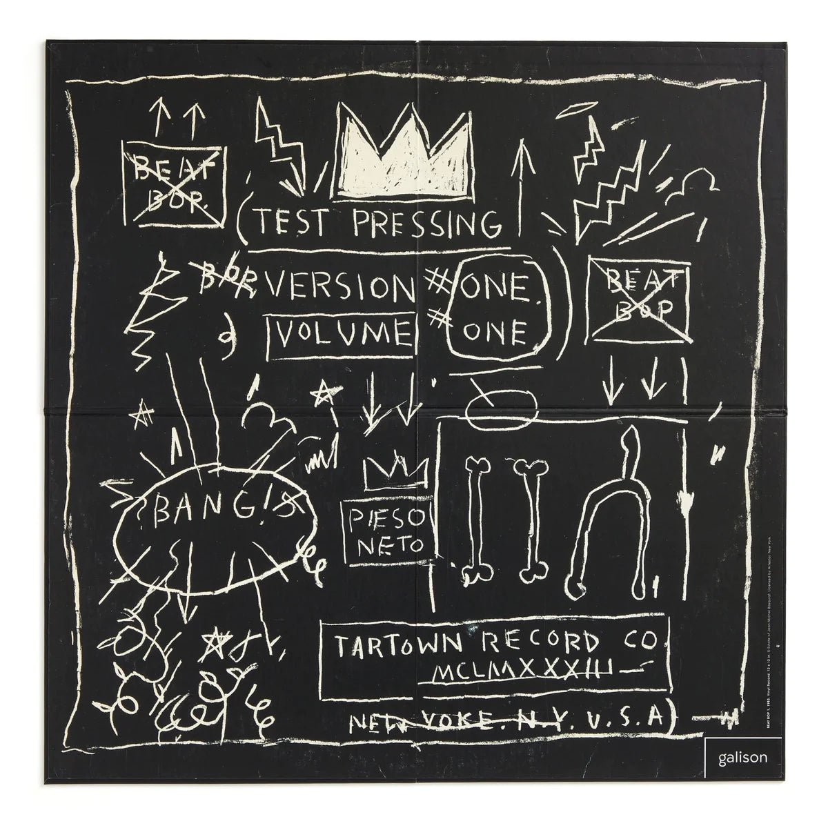 Black album cover with white text and graphics, featuring a crown and abstract designs.