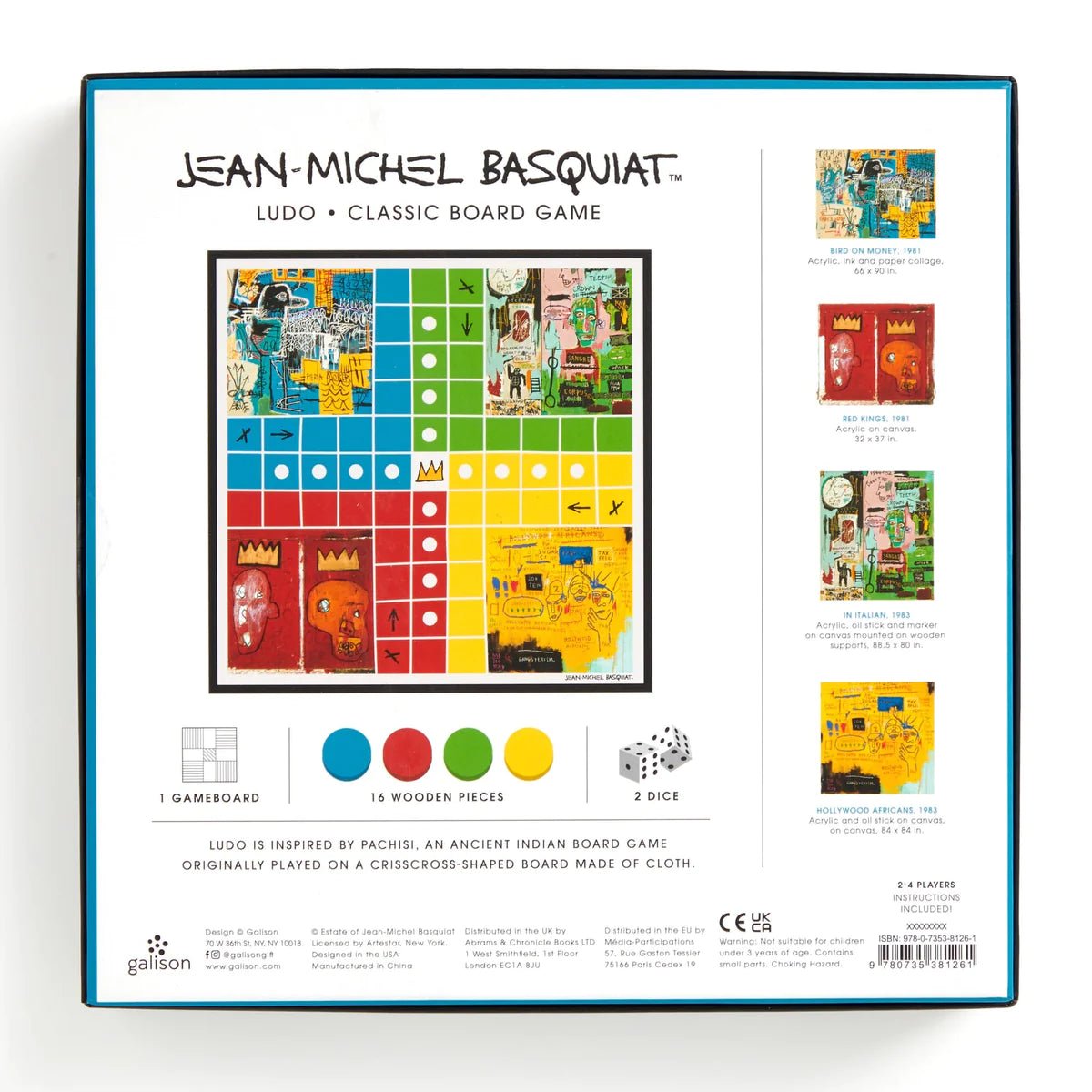 Jean-Michel Basquiat Ludo board game packaging with colorful design and text.