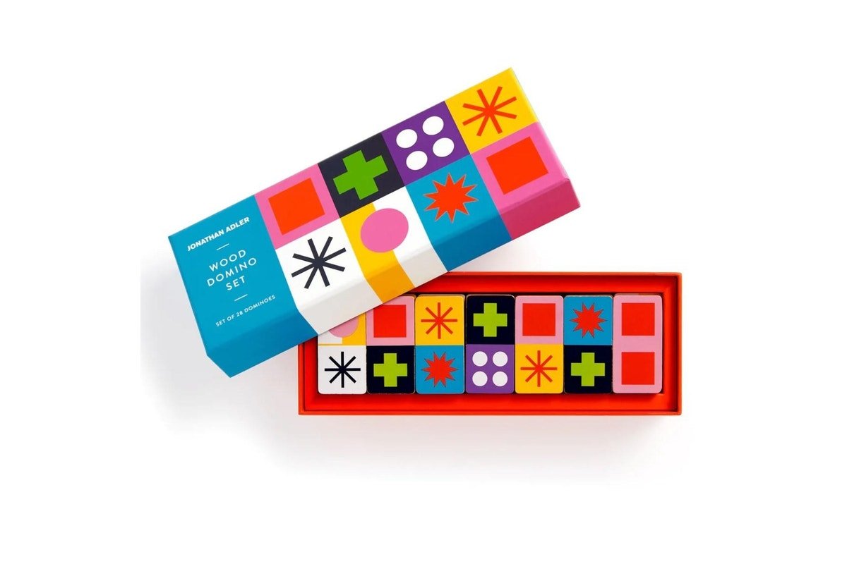 Colorful geometric patterned boxes on a white background