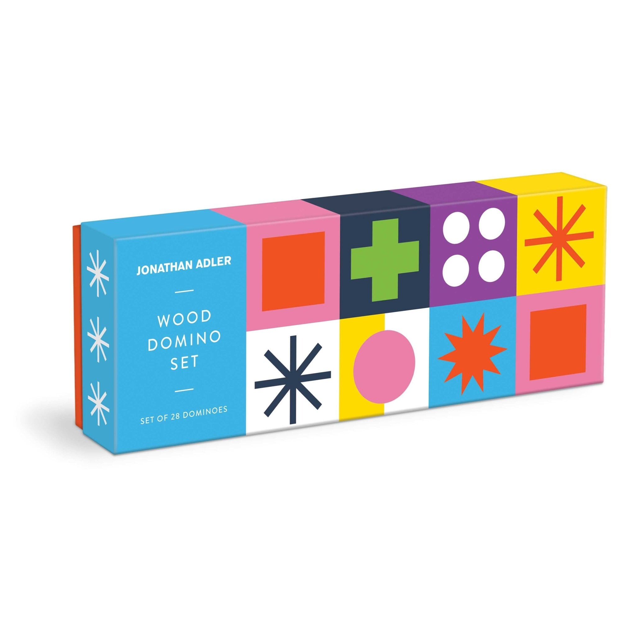 Colorful box of Jonathan Adler wood domino set on a white background