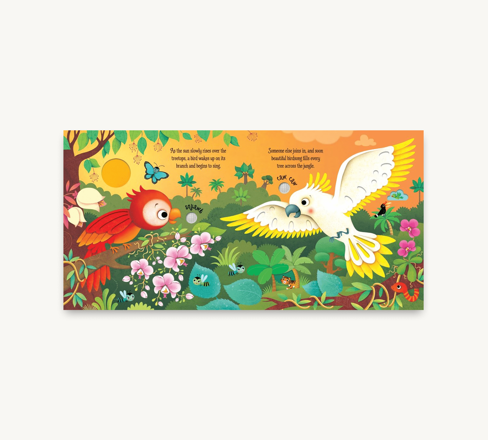 Colorful children's book page with animals and nature-themed illustrations on a white background