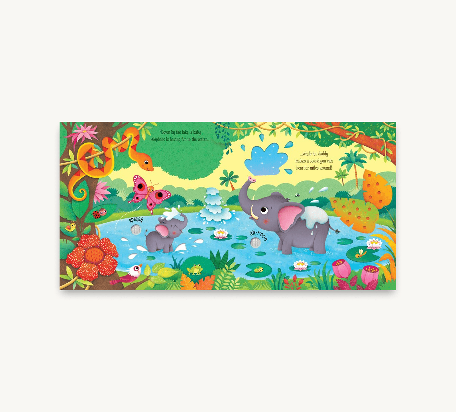 Colorful children's book page with elephants, trees, and animals in a jungle setting.