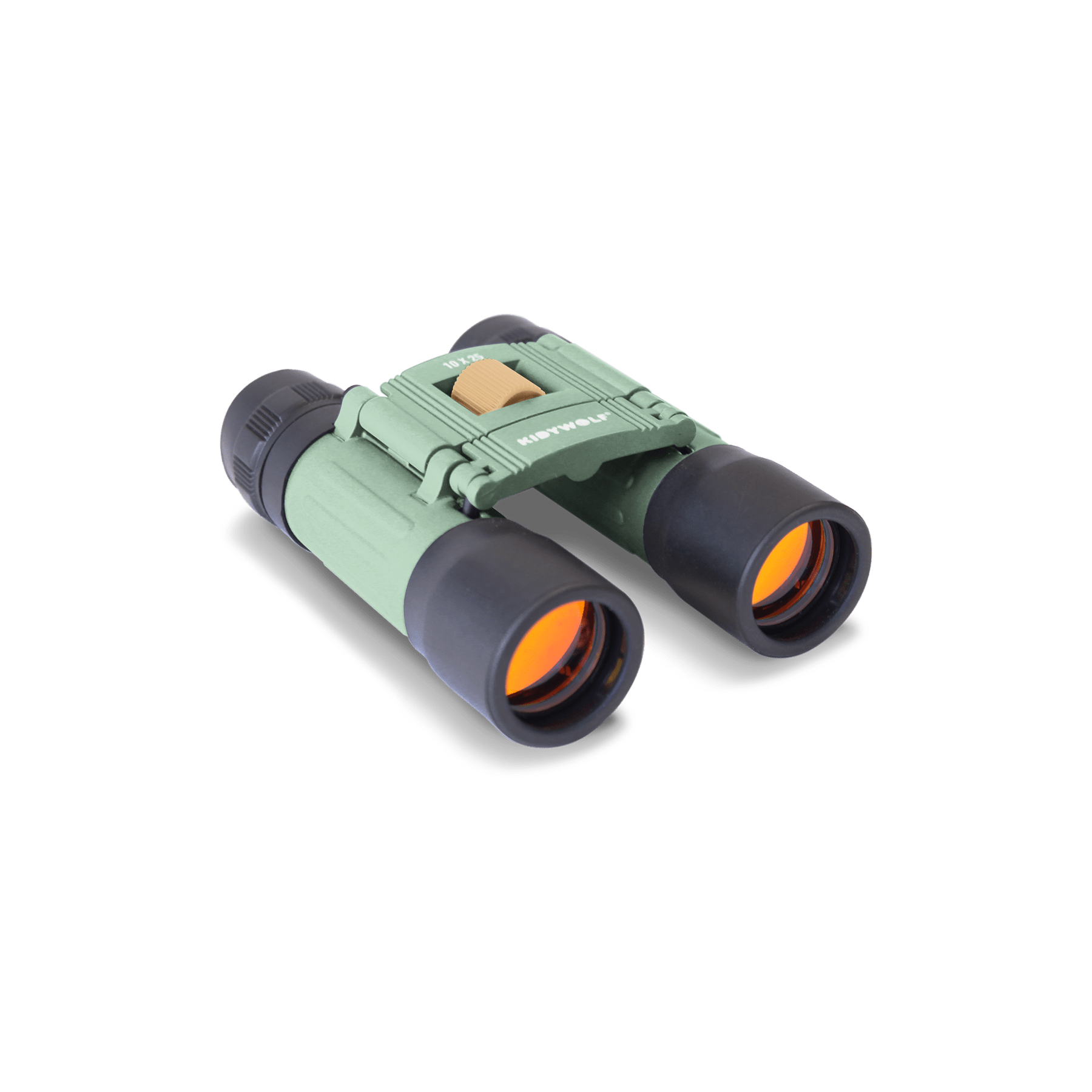 Green binoculars with black eyecups on a white background