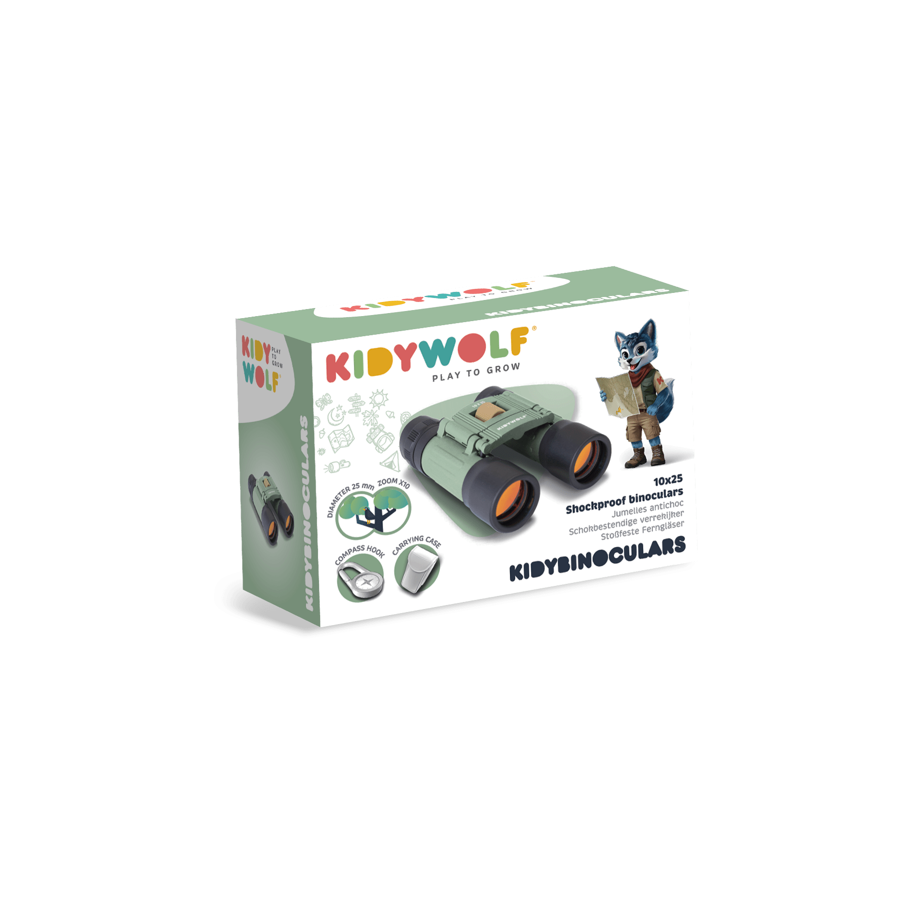 Boxed toy binoculars with KIDYWOLF branding on a white background
