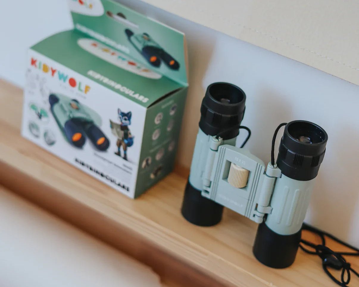 Children's binoculars with a matching box on a shelf
