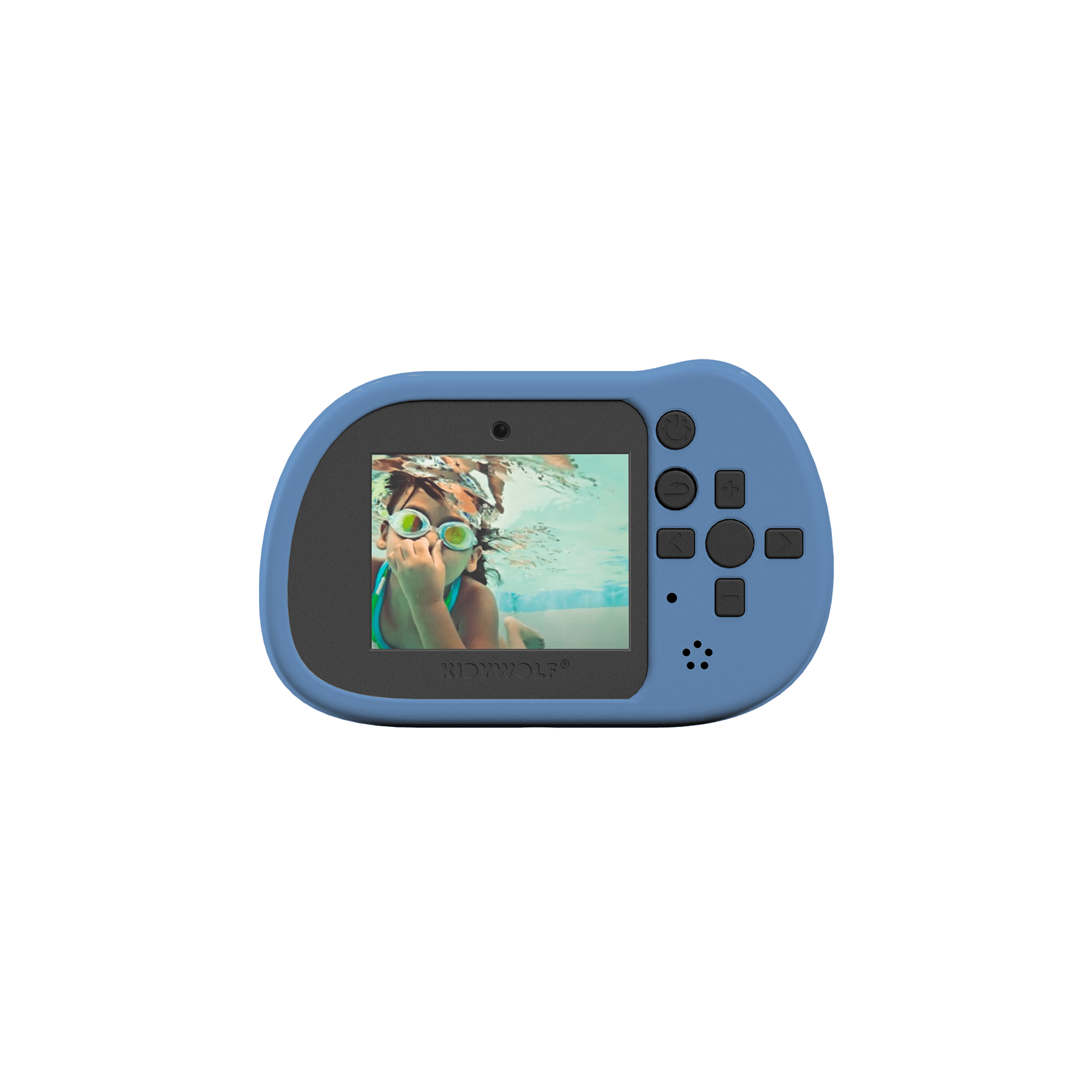 Blue handheld device with a screen displaying an image on a white background