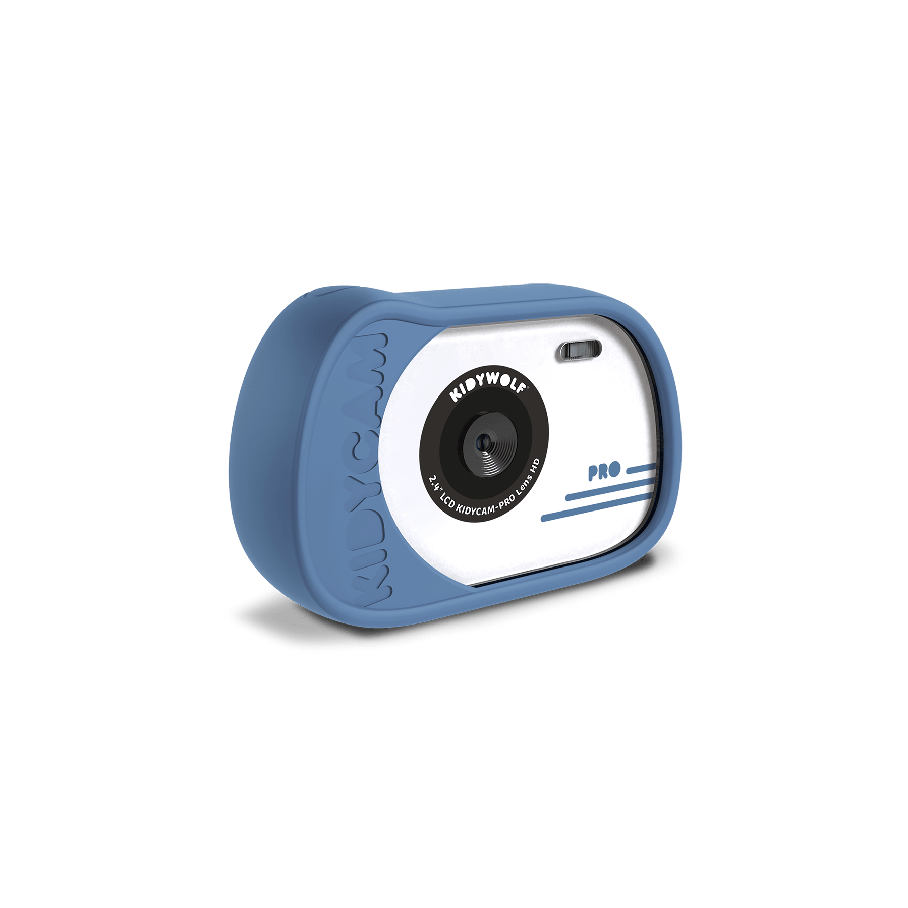 Camera with blue casing on a white background