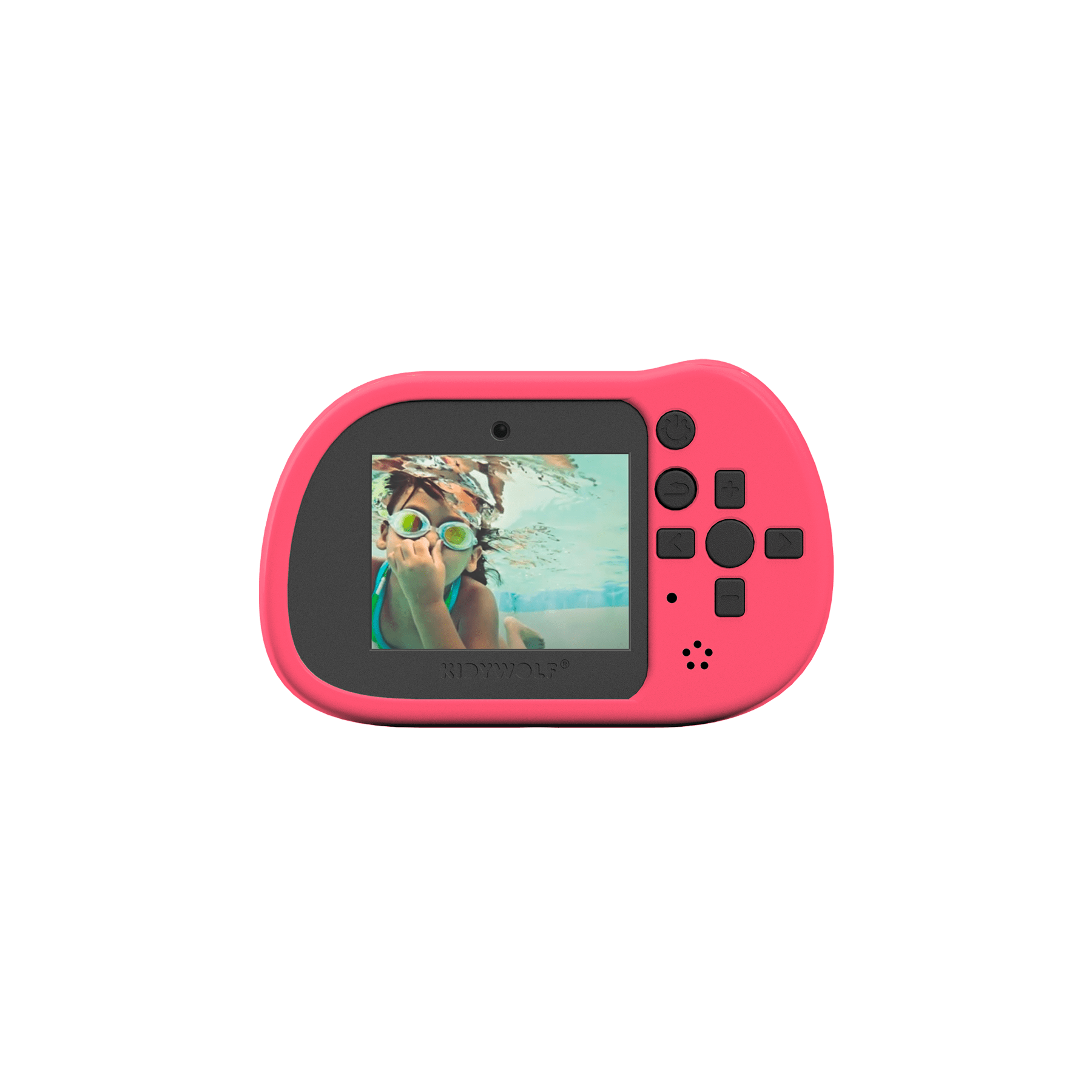 Pink handheld gaming device with a small screen displaying an image on a white background