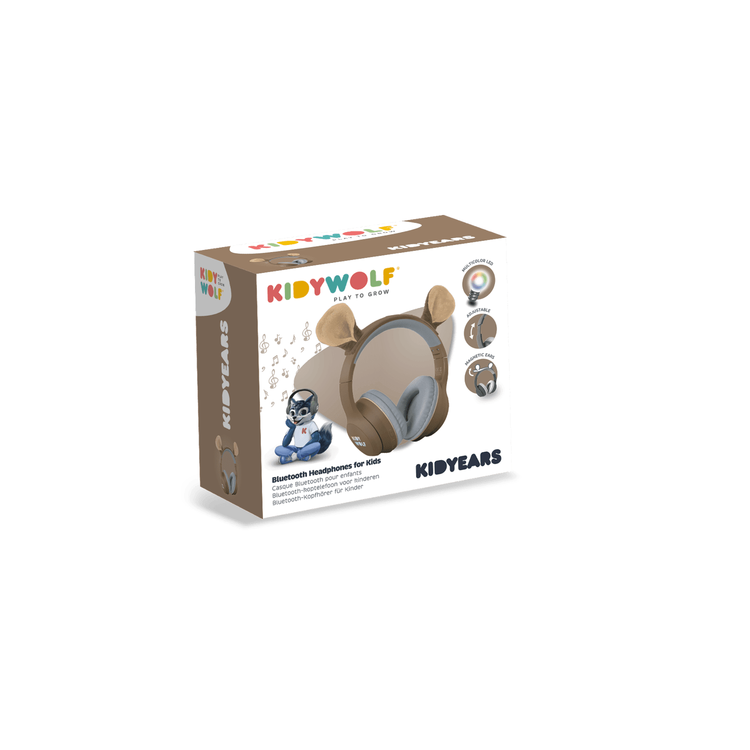 Box of KIDWOLF headphones for kids on a green background