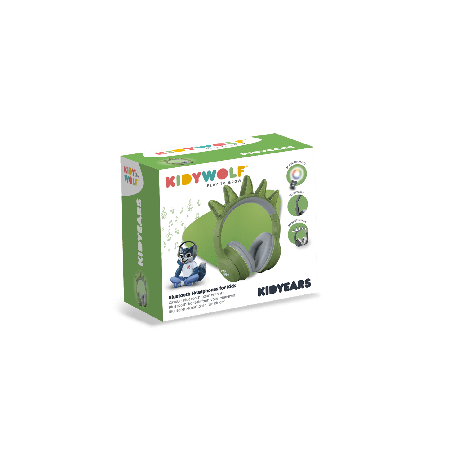 Box of Kidwolf headphones for kids on a green background