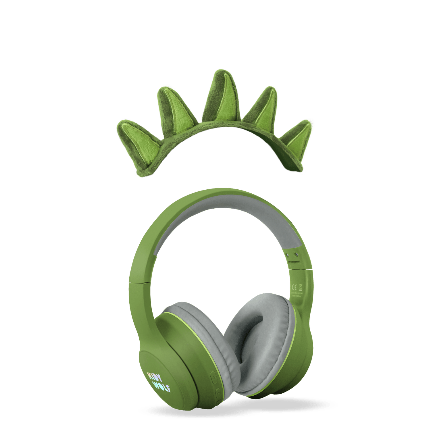 Green dinosaur-shaped headphones on a transparent background