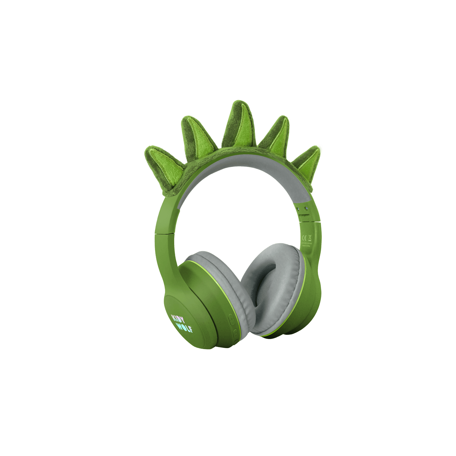 Green dinosaur-shaped headphones on a transparent background