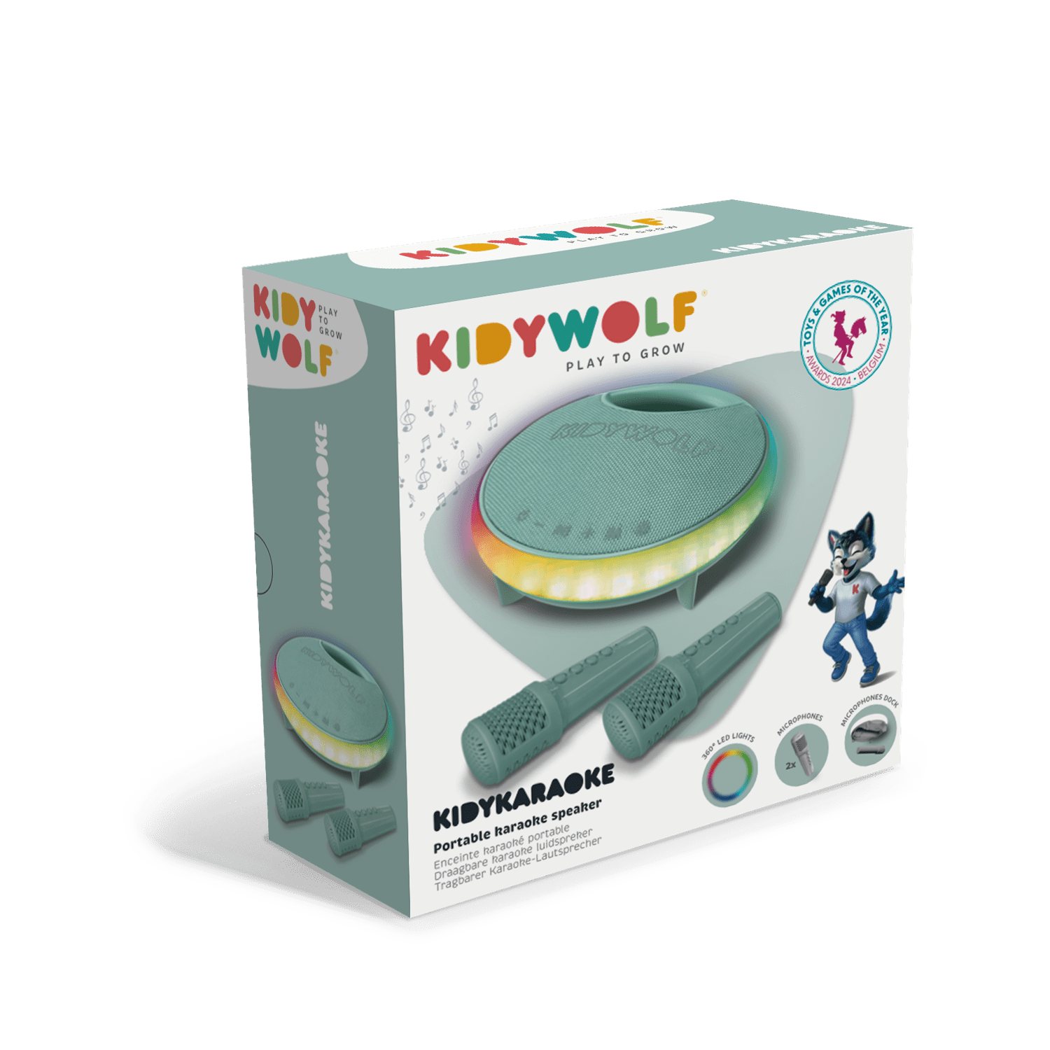 KiddyWolf KiddyKaraoke packaging with karaoke machine and microphones on a green background
