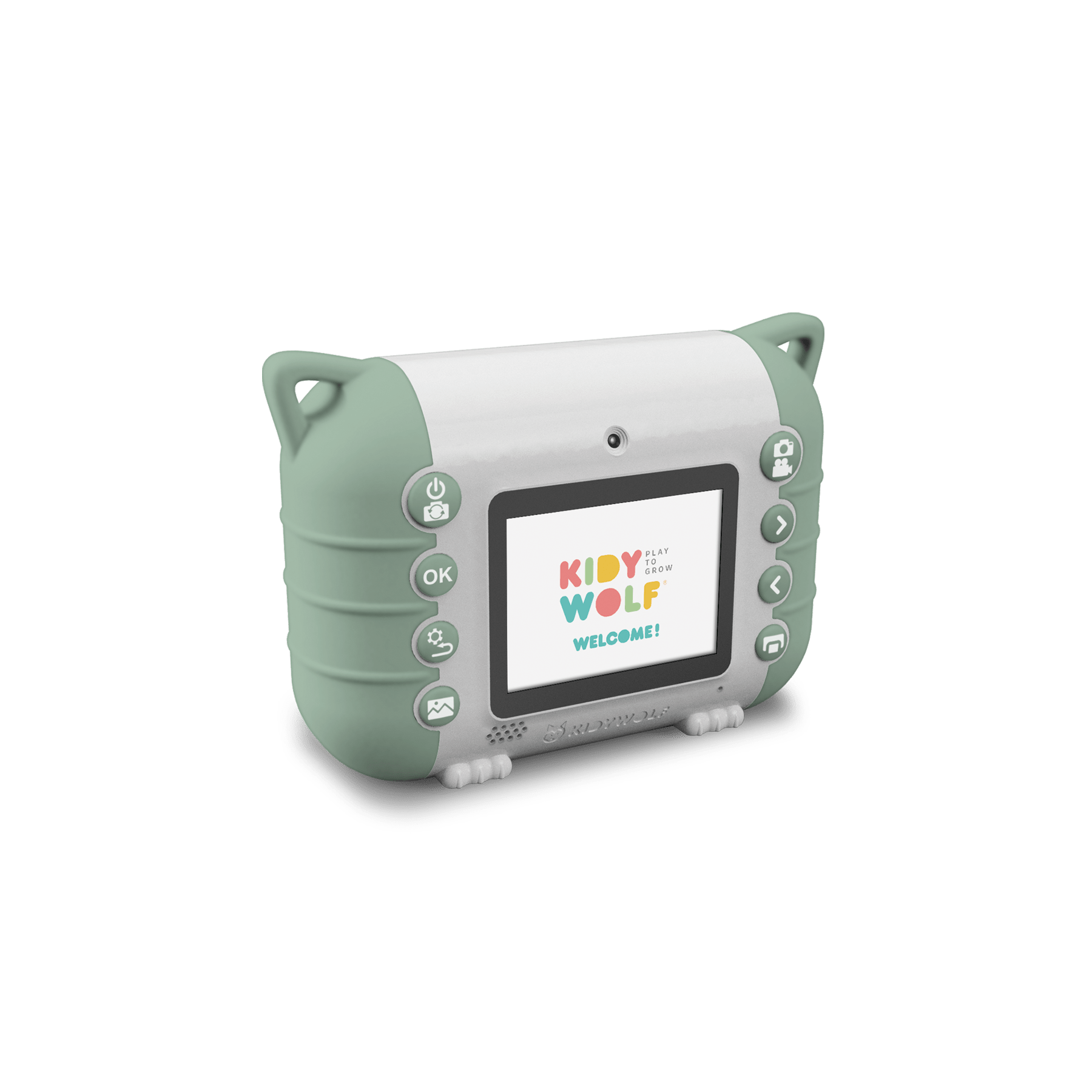 Children's toy with a screen displaying 'KIDY WOLF' on a white background