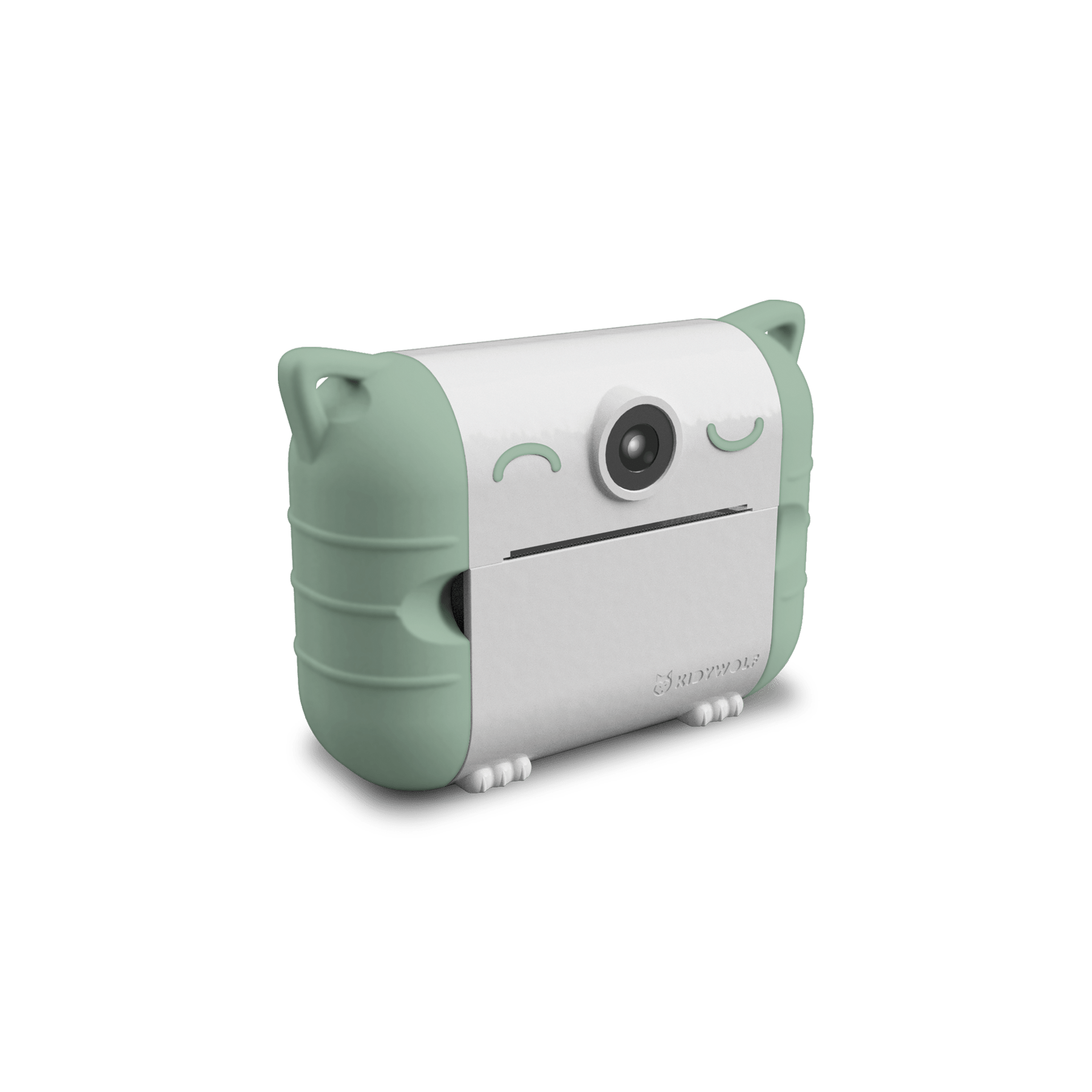 Green and white robot-like device on a white background