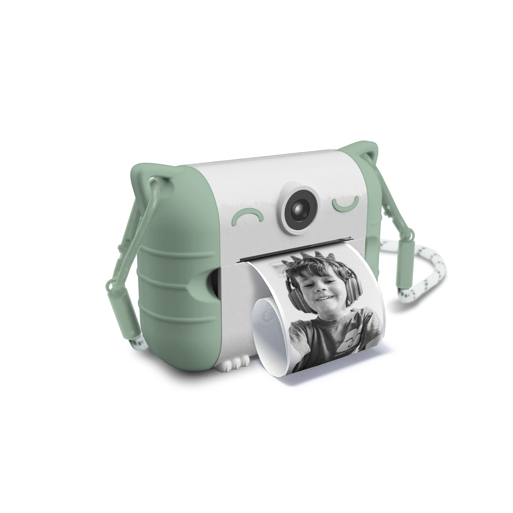 Children's photo printer with a printed photo on a white background