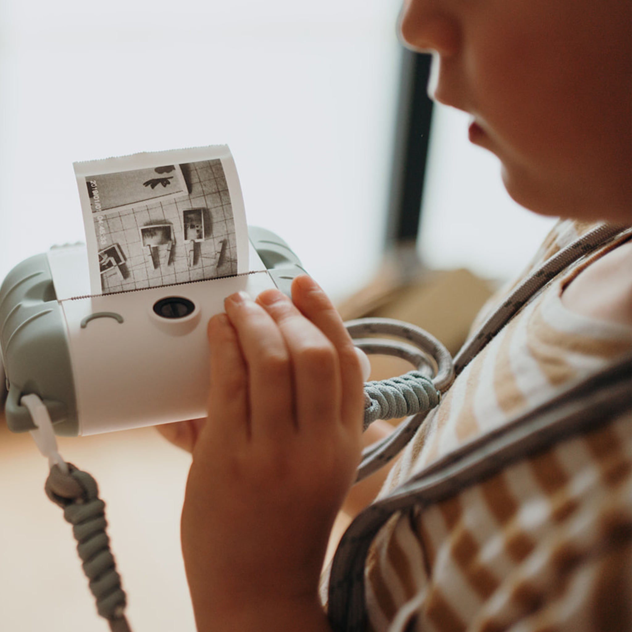 Person holding a vintage-style photo printer with a printed photo