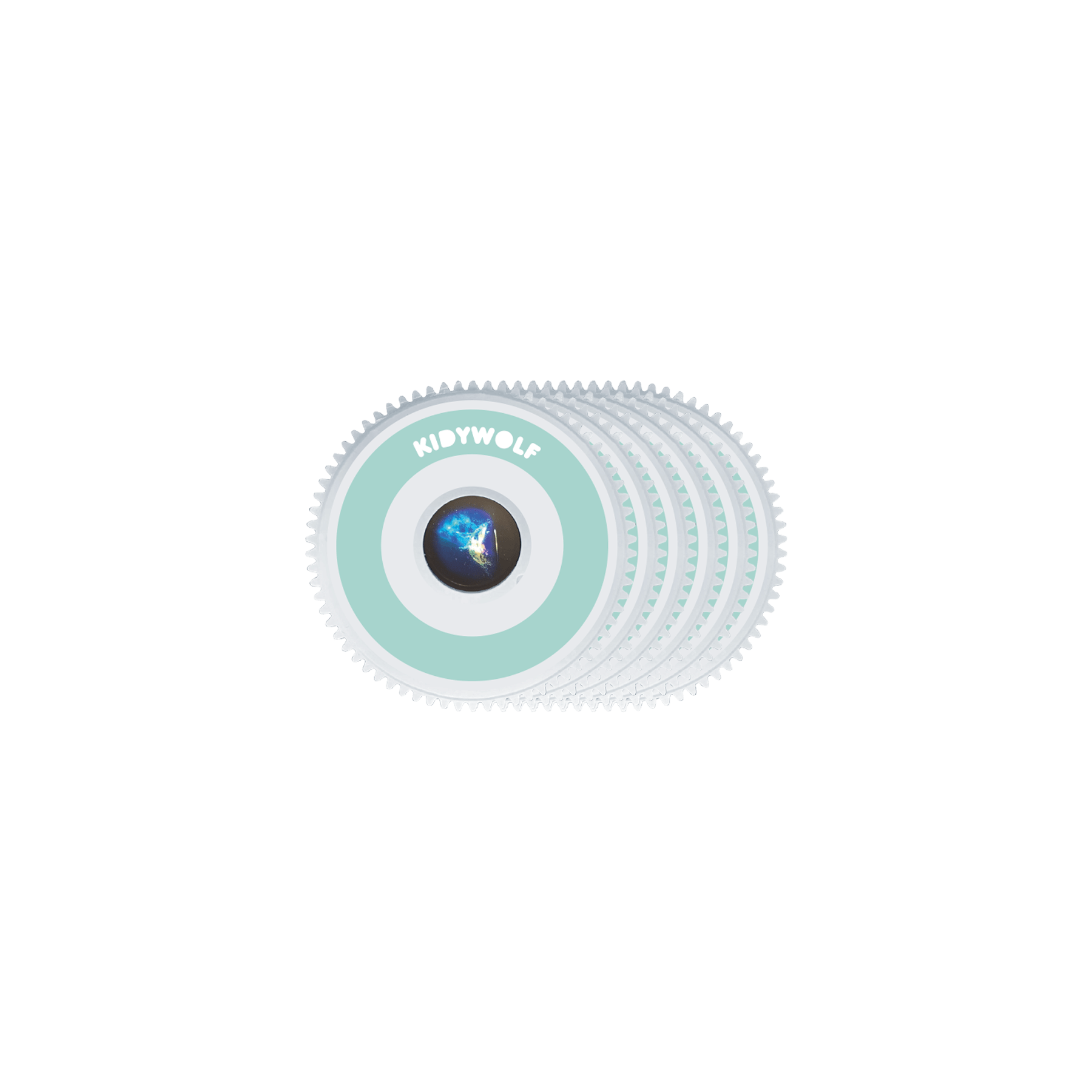 Circular camera lens with 'Kibywolf' branding on a white background