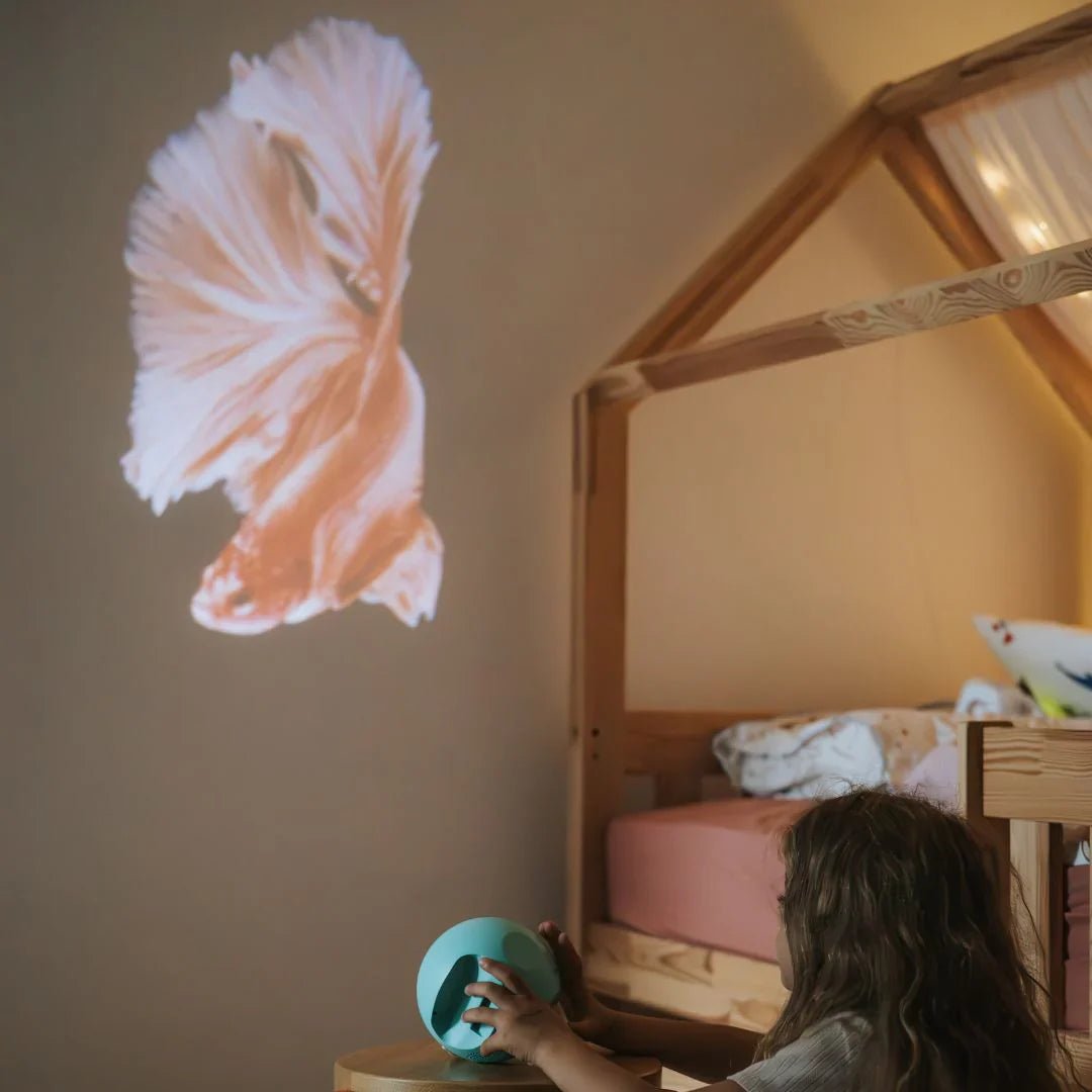 Child interacting with a toy while a projected image of a fish is displayed on the wall.