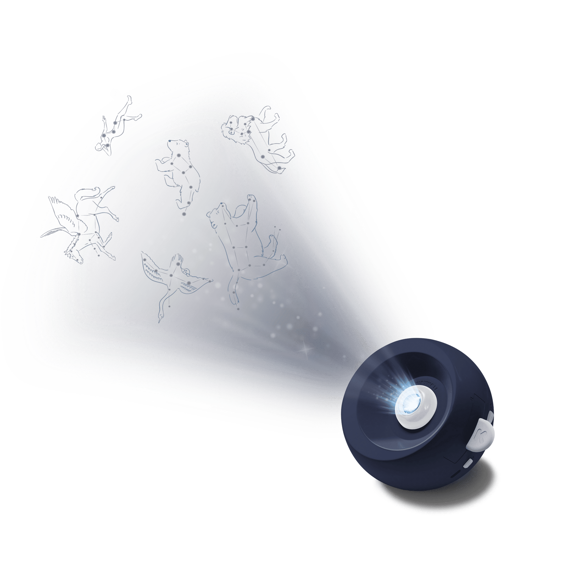 Blue night light projector with fairy illustrations on a white background
