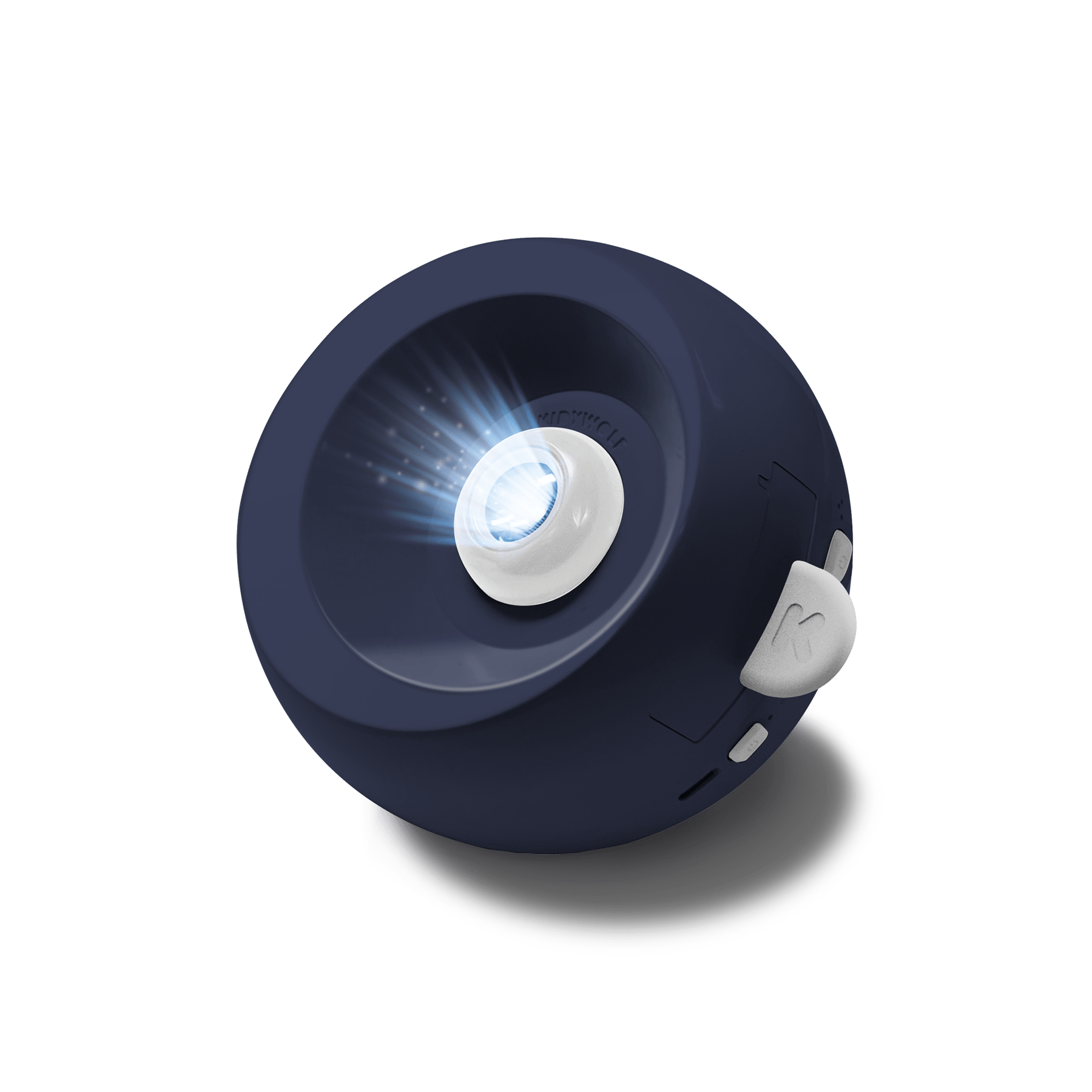 Navy blue night light with a white bulb on a white background