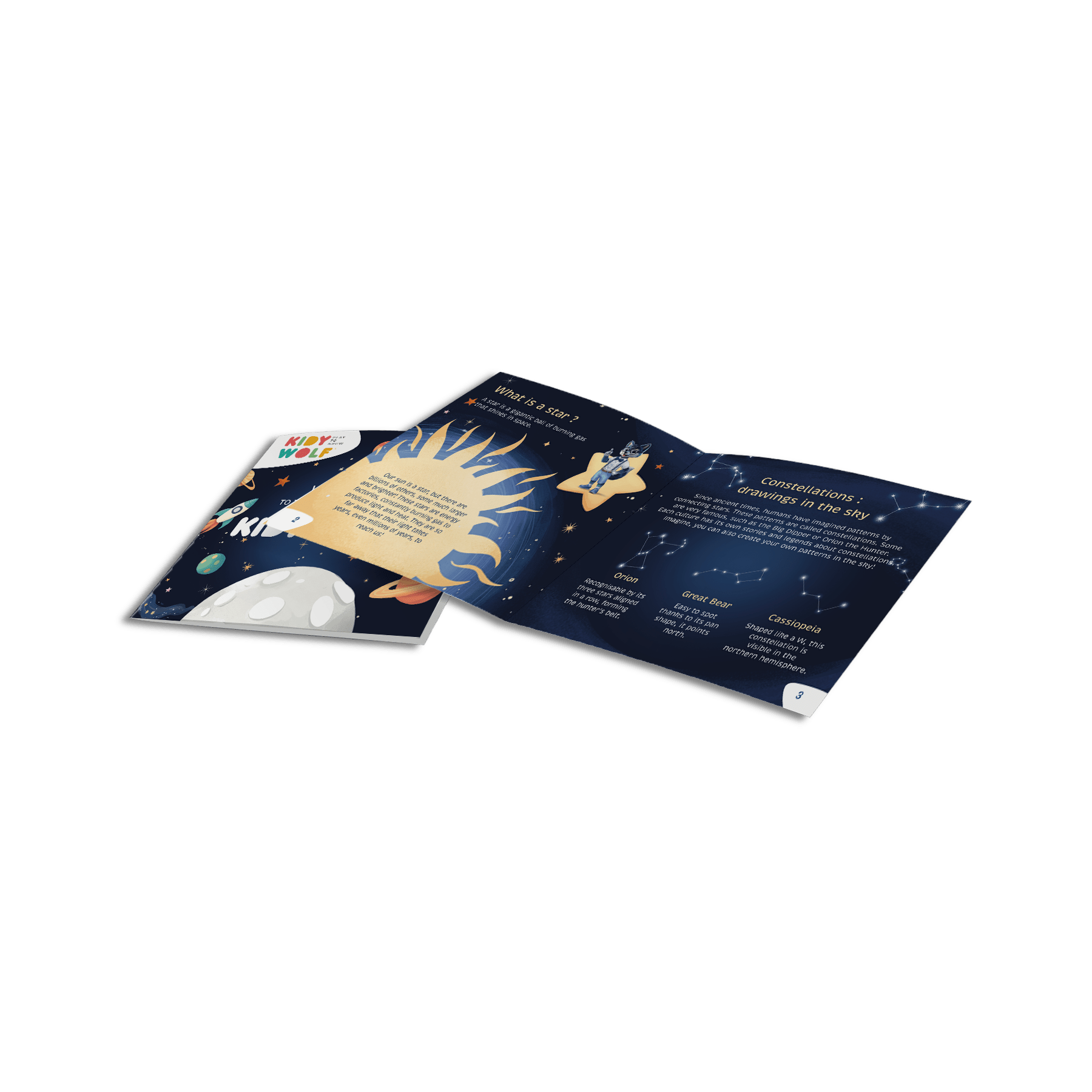 Open book with celestial design on a white background