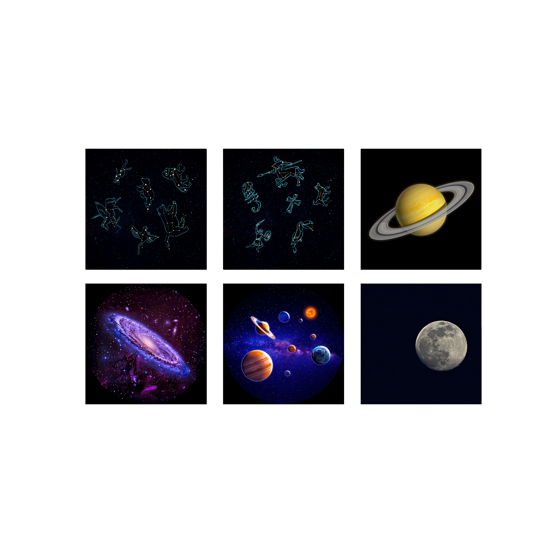 Set of six space-themed images including celestial bodies and galaxy illustrations on a white background.