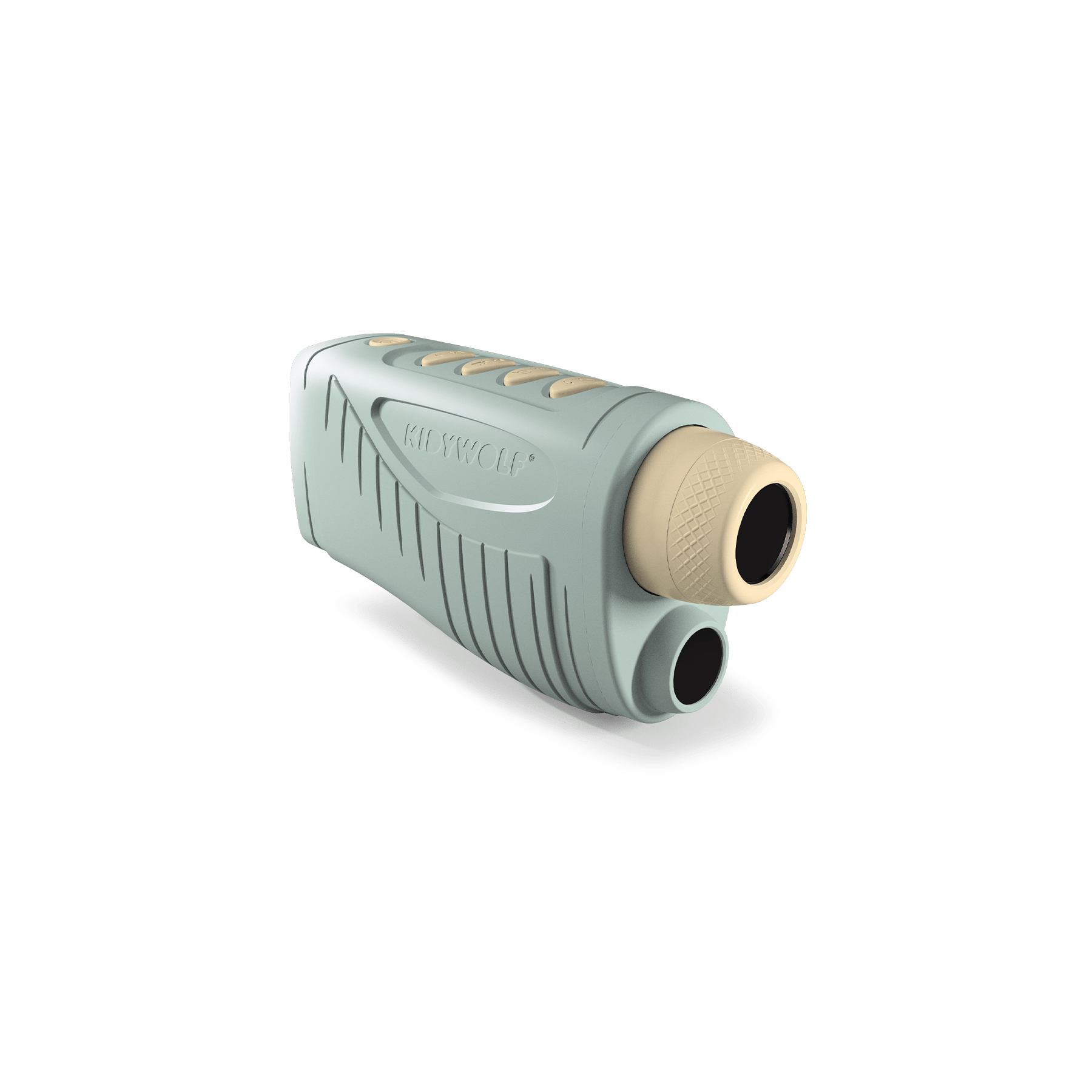 Rangefinder with a light green body and beige accents on a white background