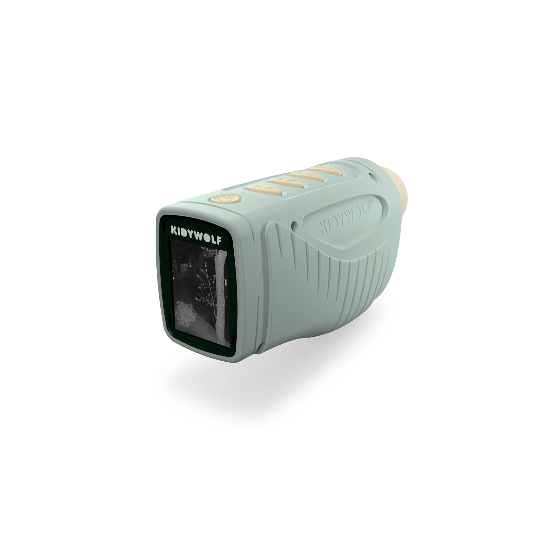 Green laser rangefinder with KidiWolf branding on a white background