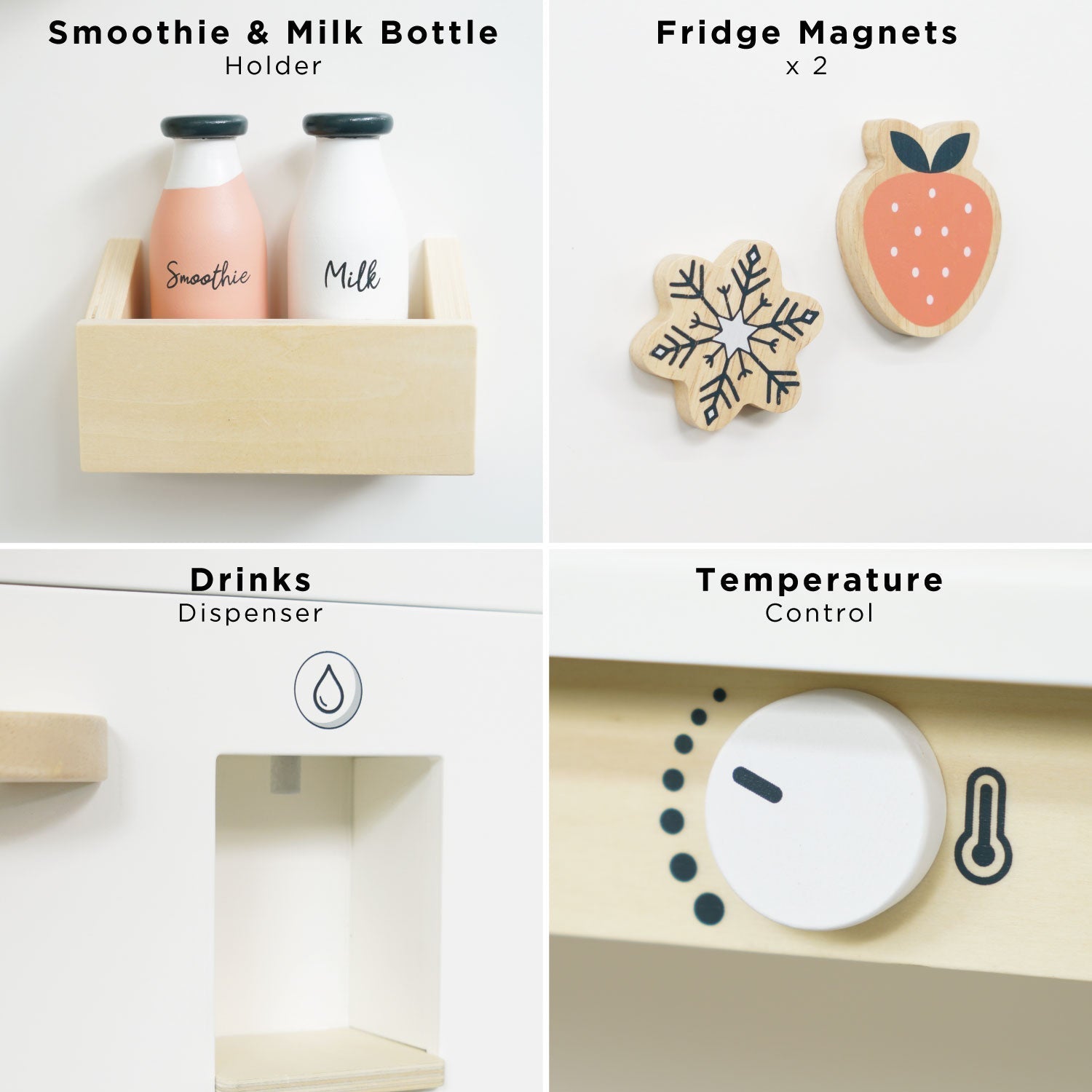 Collage of wooden toy components including a smoothie and milk bottle holder, fridge magnets, drinks dispenser, and temperature control.