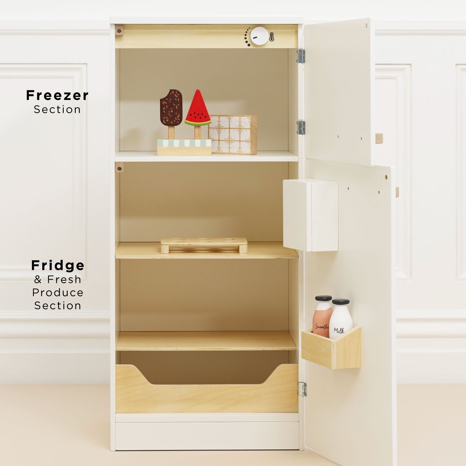 Sectional view of a kitchen cabinet with labeled freezer, fridge, and fresh produce sections.