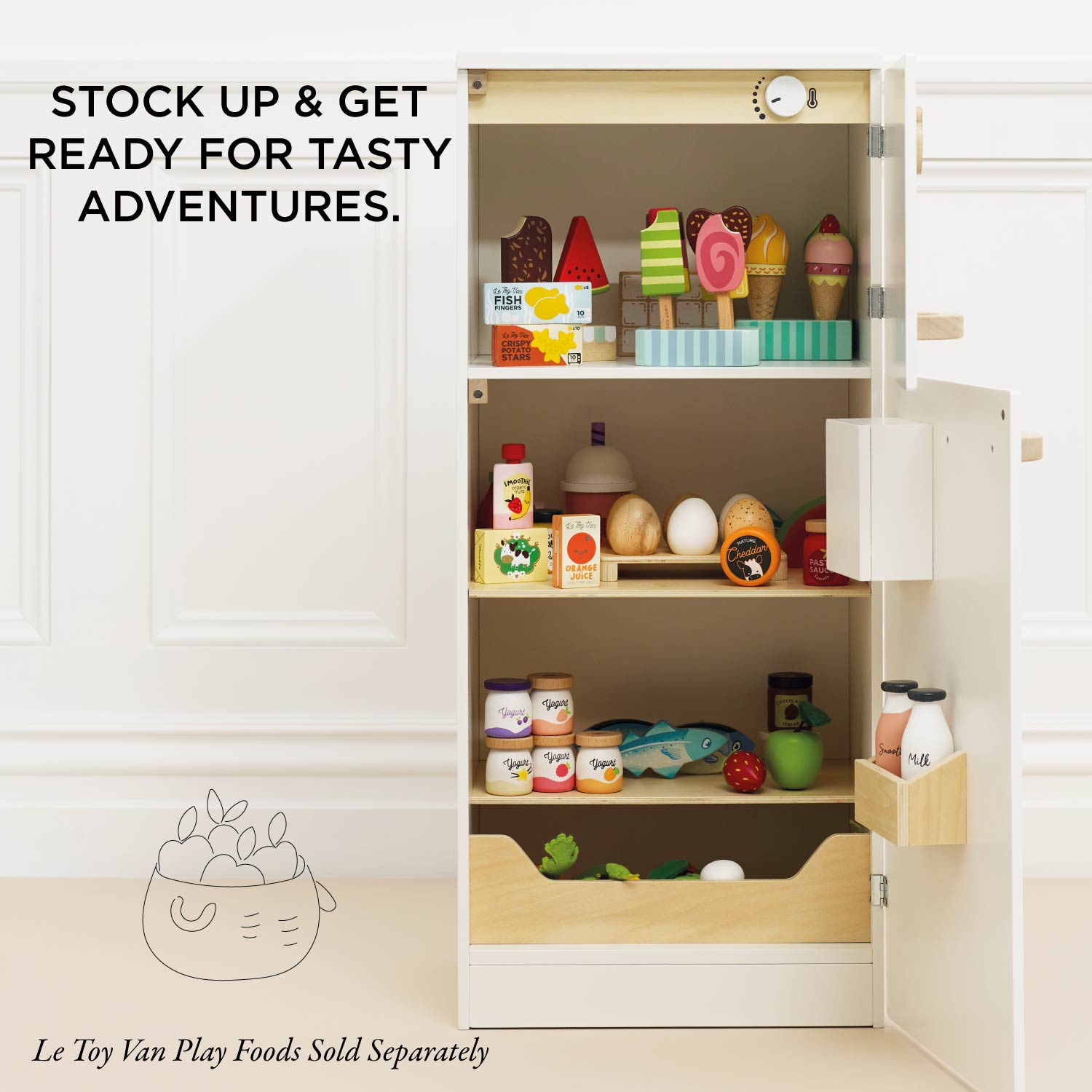 Wooden play kitchen set with toy food items and a shelf.