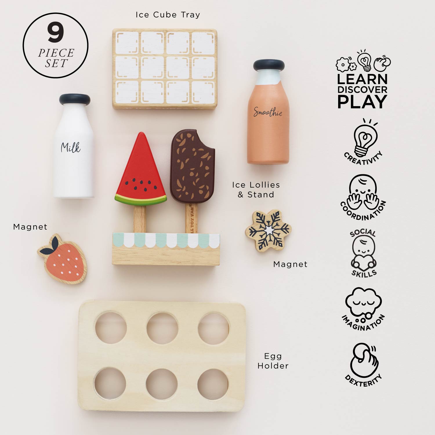 Set of wooden toys including a milk bottle, ice lollies with stand, egg holder, and more on a light background.