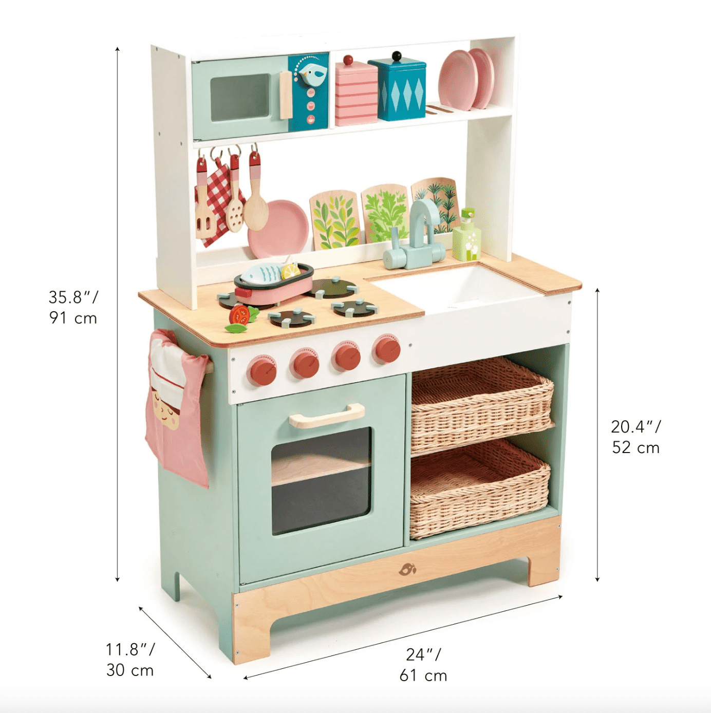 Children's play kitchen set with measurements on a white background