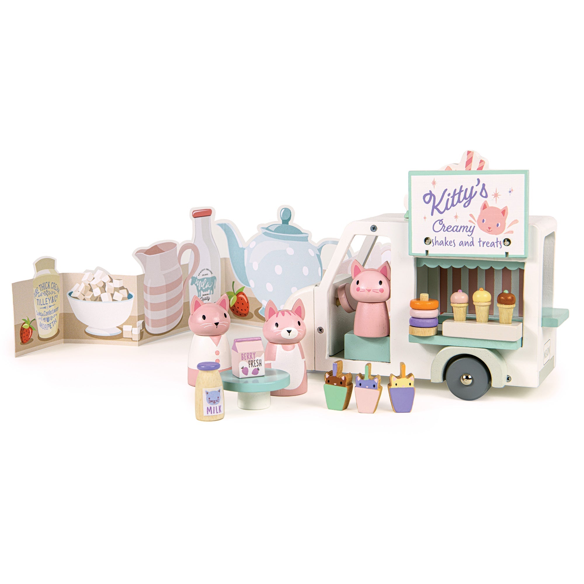 Pastel-colored toy set with a ice cream truck and character figures on a white background
