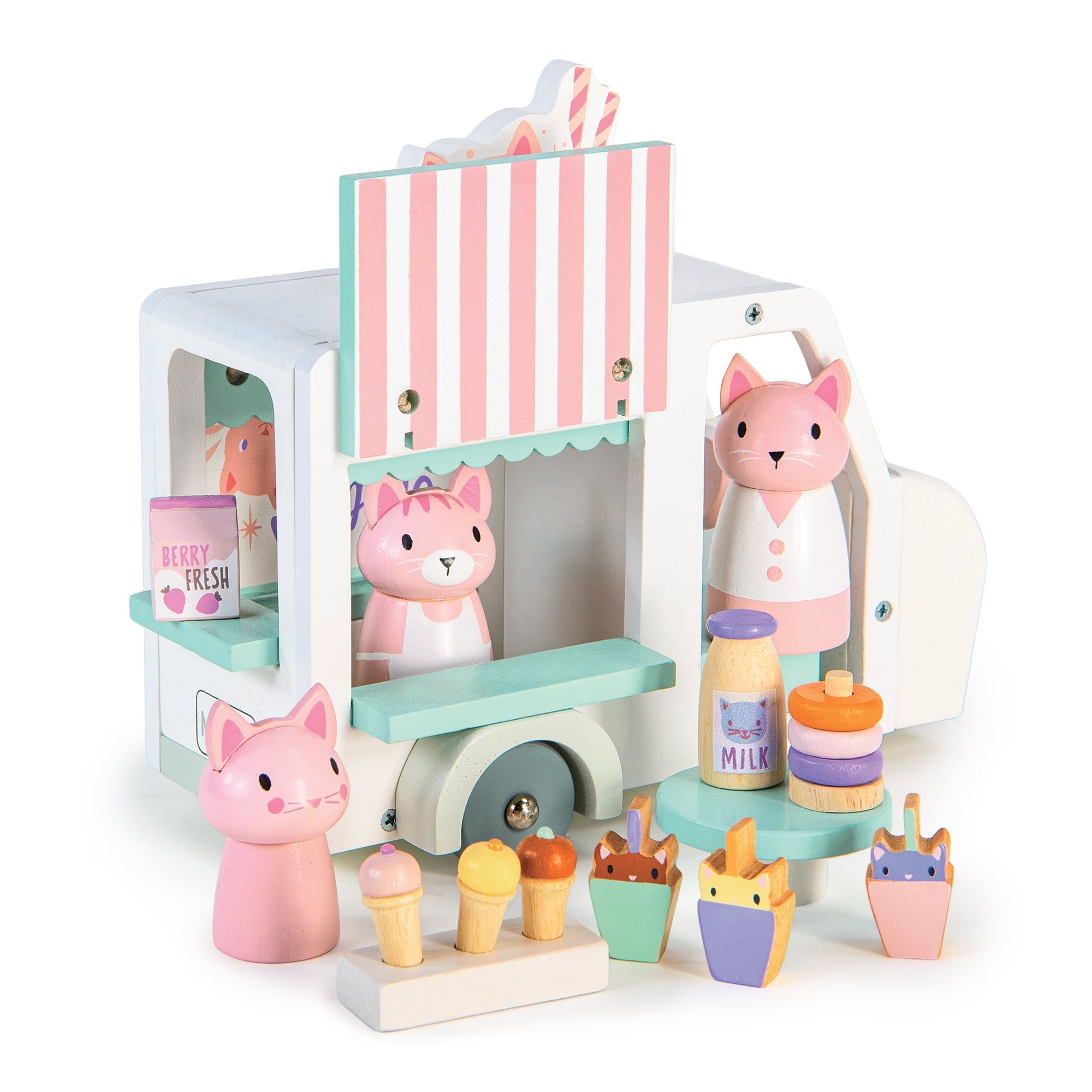 Children's toy set with a pink fox character and various items on a white background