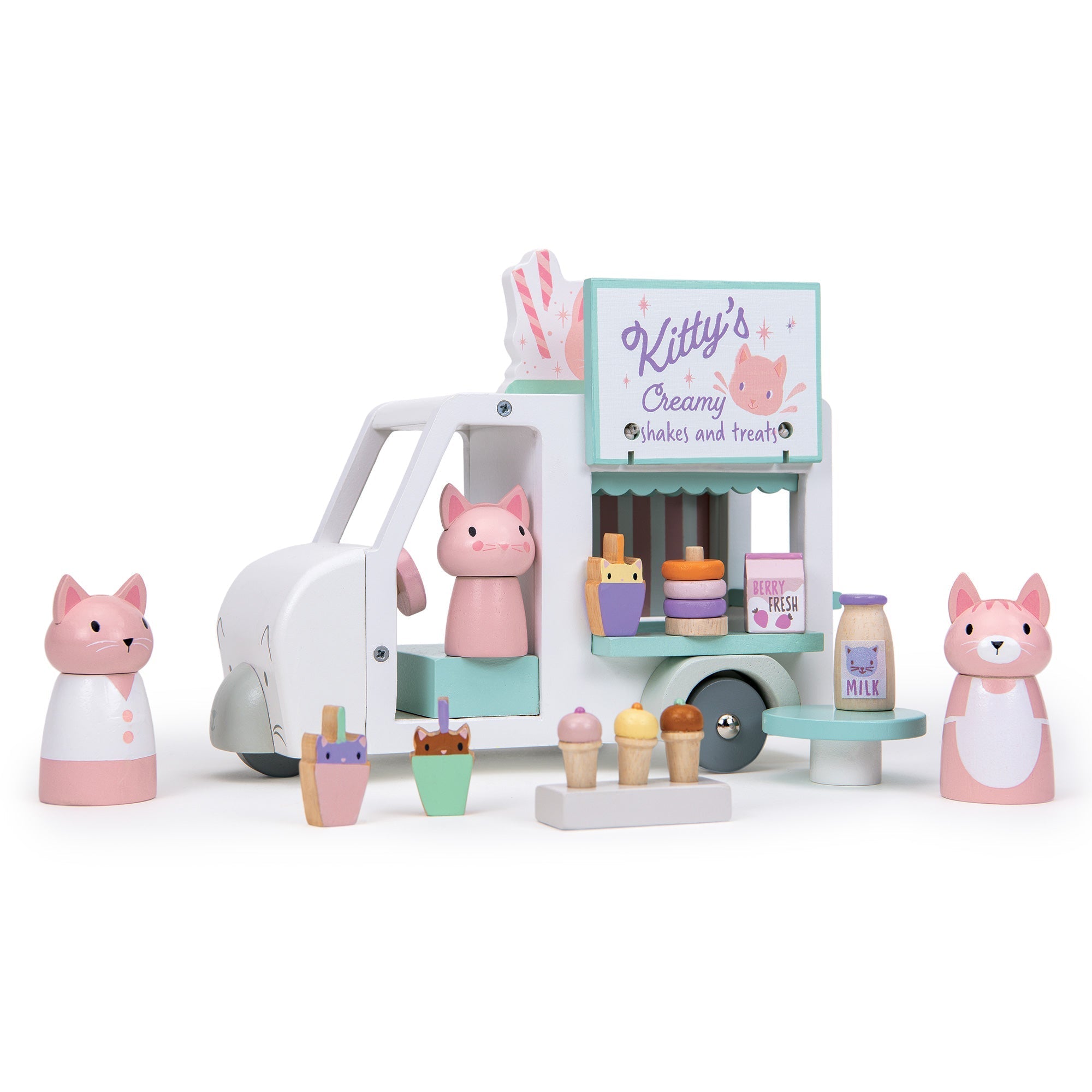 Toy ice cream cart with character figures and ice cream cones on a white background