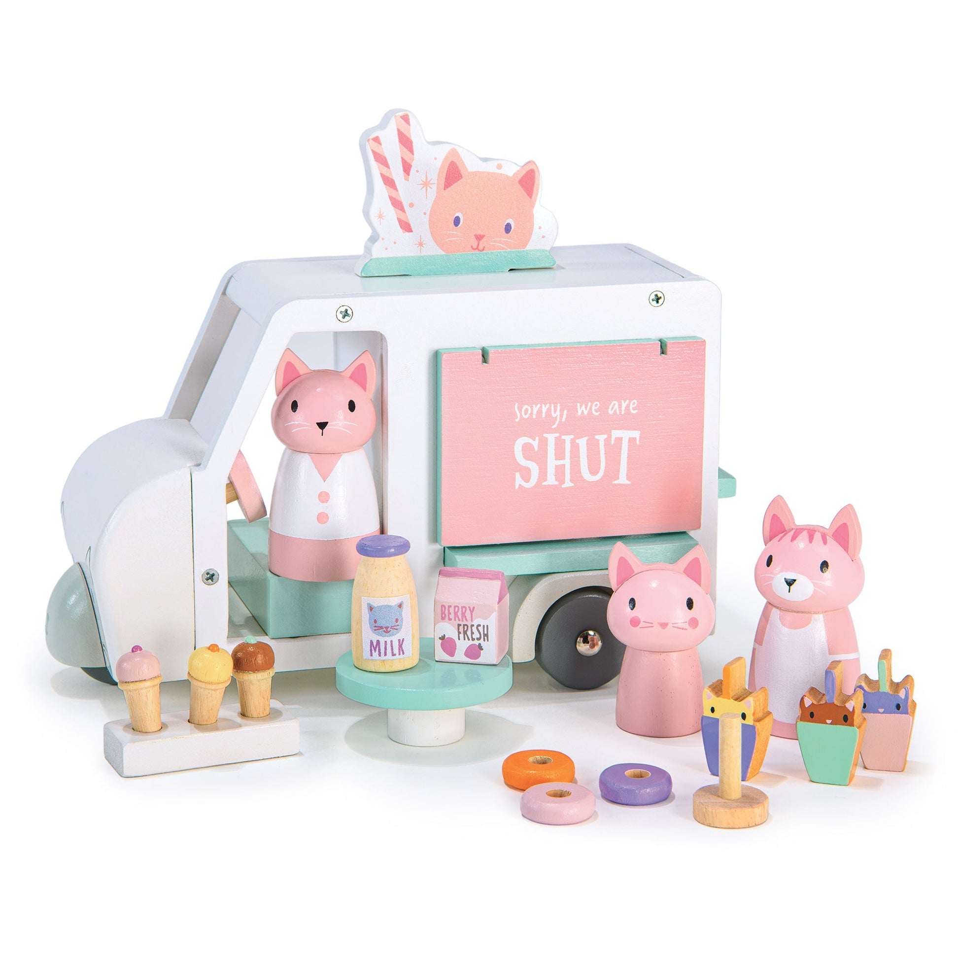 Toy ice cream truck with pink fox characters and various ice cream items on a white background