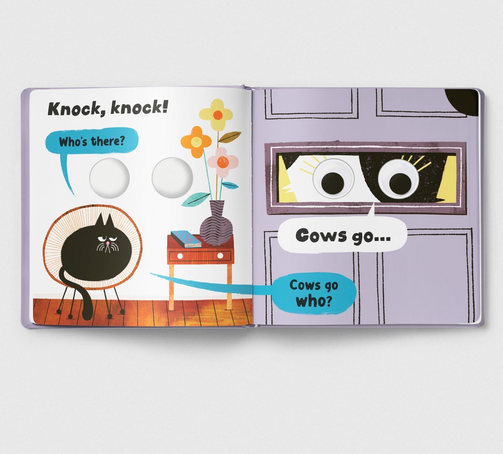 Illustrated book page with a cat knock-knock joke on a white background