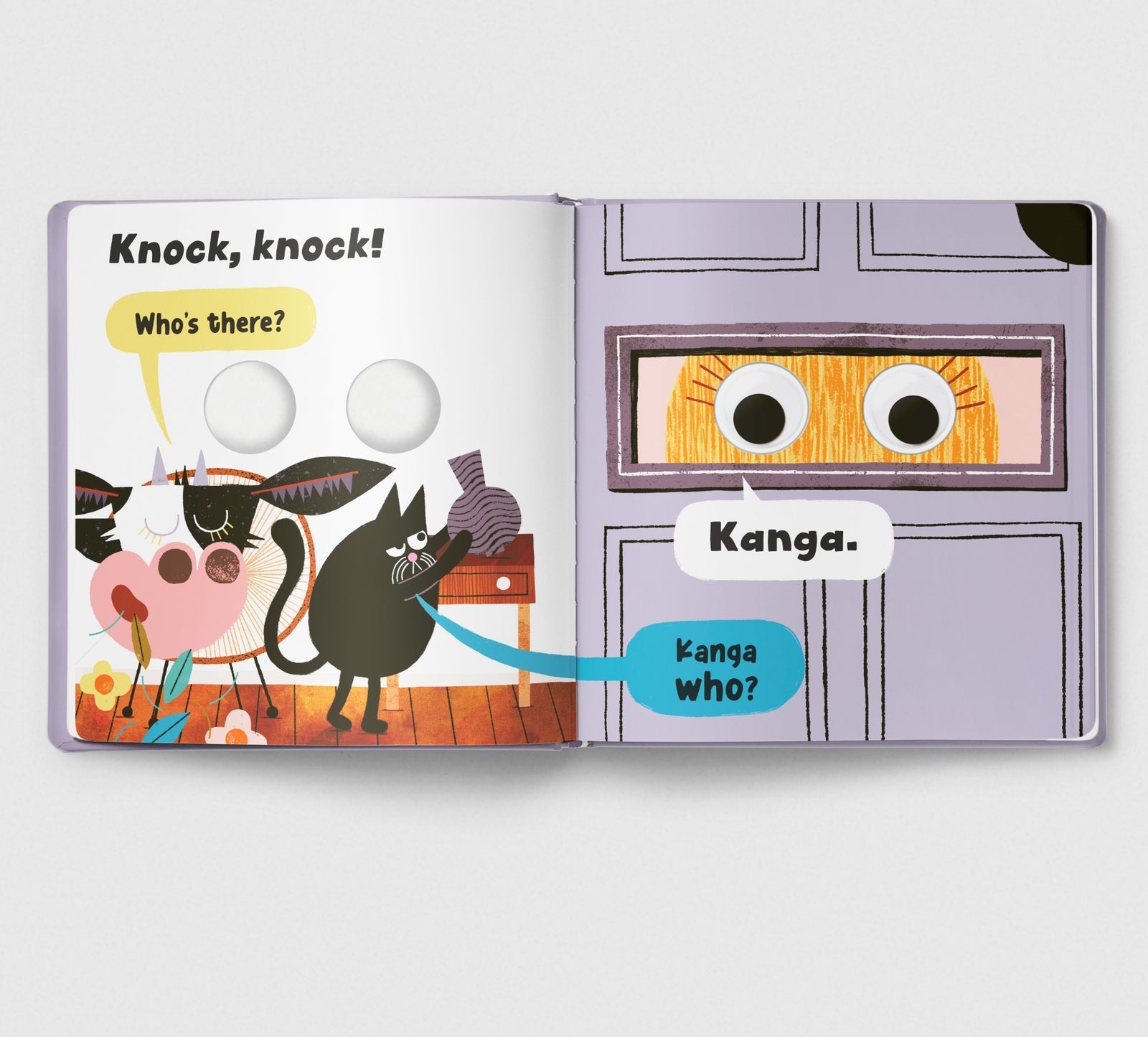 Illustrated book page with a cartoon kangaroo and koala knocking on a door, featuring text and speech bubbles.
